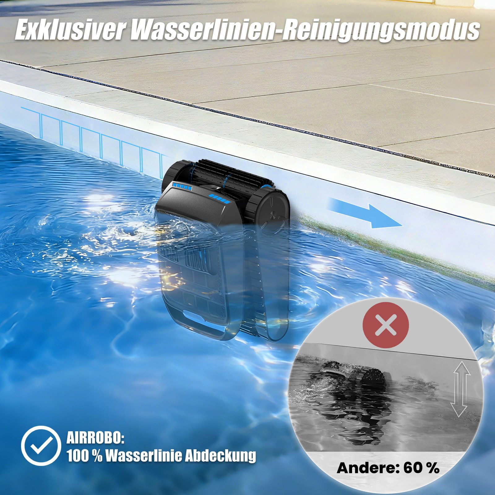AIRROBO Poolroboter 2026 Upgrade CP400lite Poolroboter Wand & Boden, Wasserlinie, (4 Motoren, 4 Bürstenköpfe, 150 Minuten Akkulaufzeit, schnelles Aufladen, Geei – Bild 5 von 5