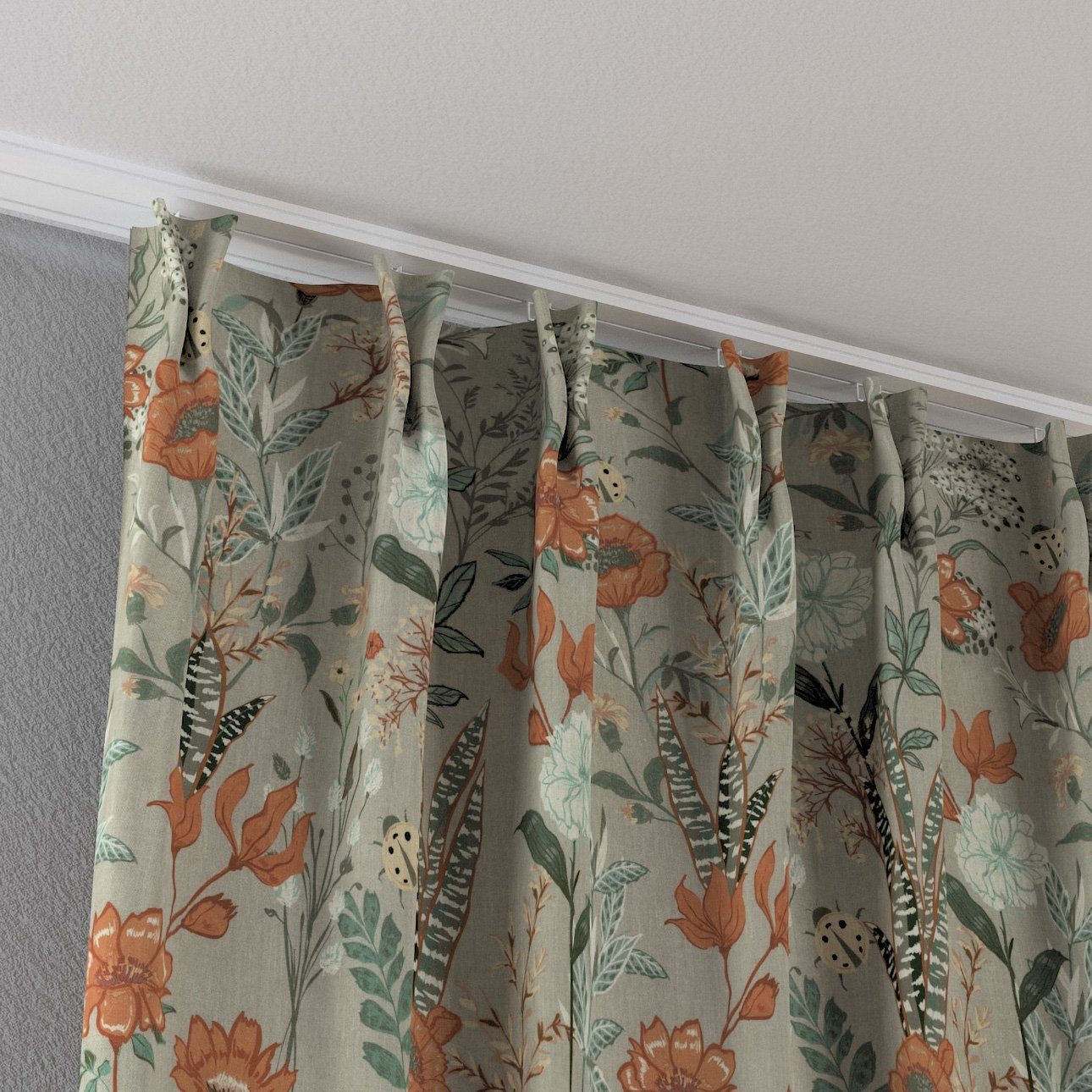 Dekoria 100 Vorhang Falten mit flämischen 70 grau-orange-grün 2-er Vorhang Flowers, x cm,