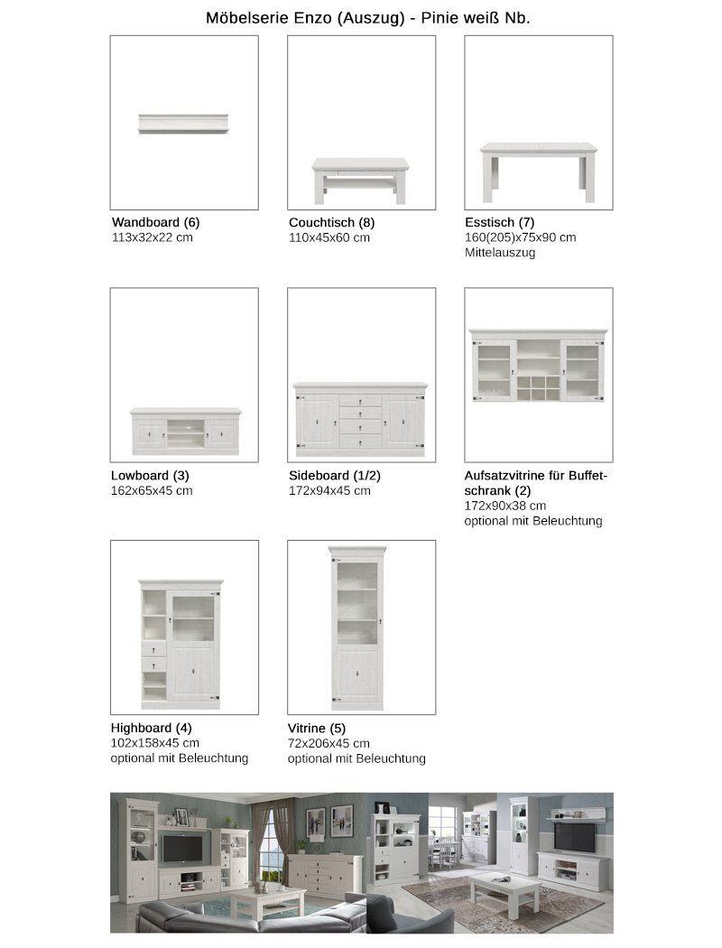 4-St), Pinie Wohnzimmer-Set mit (Spar-Set, Landhausstil Enzo Softclose Nb. expendio 30, weiß