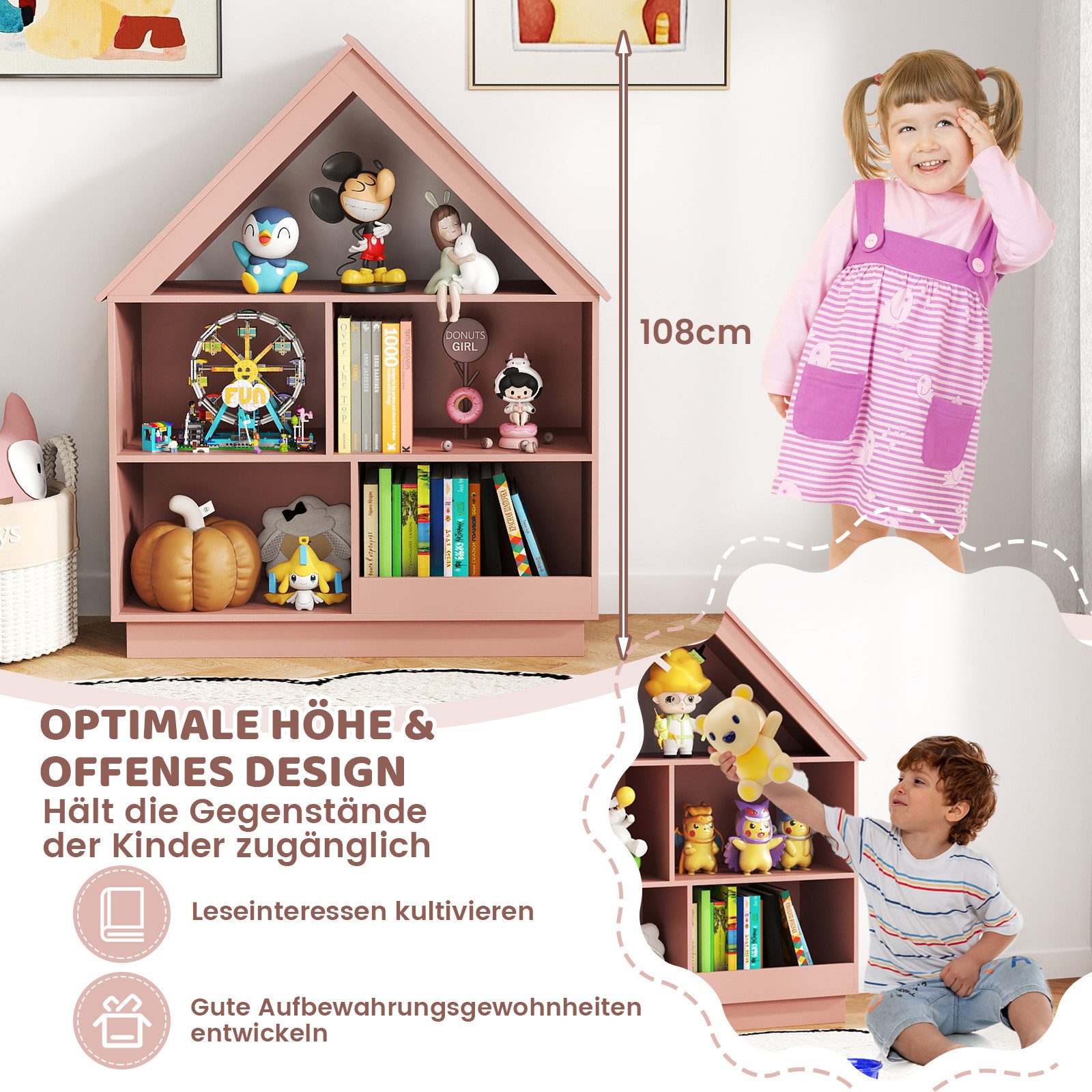 KOMFOTTEU Bücherregal, 3-stöckiger Spielzeugschrank, 88 x 34 x 108 cm
