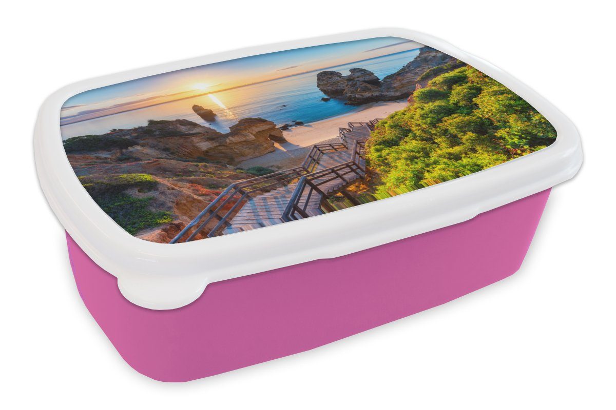 MuchoWow Lunchbox Strand - Meer - Portugal, Kunststoff, (2-tlg), Brotbox für Erwachsene, Brotdose Kinder, Snackbox, Mädchen, Kunststoff rosa