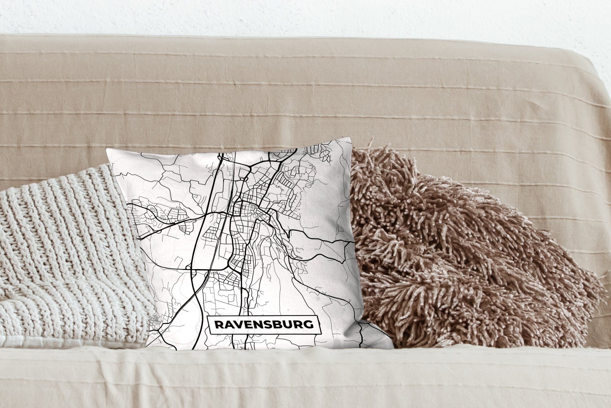 MuchoWow Dekokissen Ravensburg - Karte Füllung für Deko, Schlafzimmer, - Wohzimmer, Stadtplan, Zierkissen Sofakissen mit