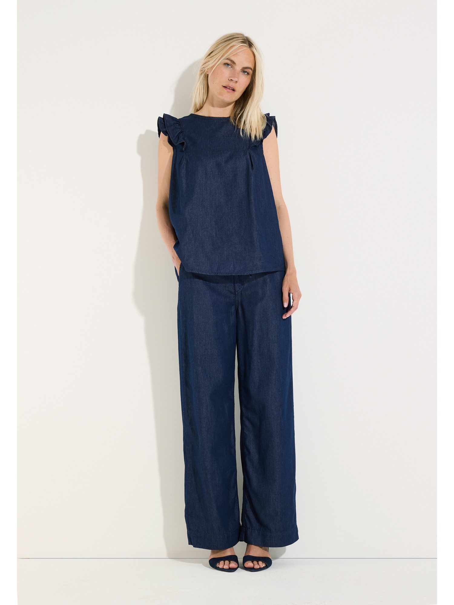 MORE&MORE Kurzarmbluse leichte Denimbluse, Rüschenärmel