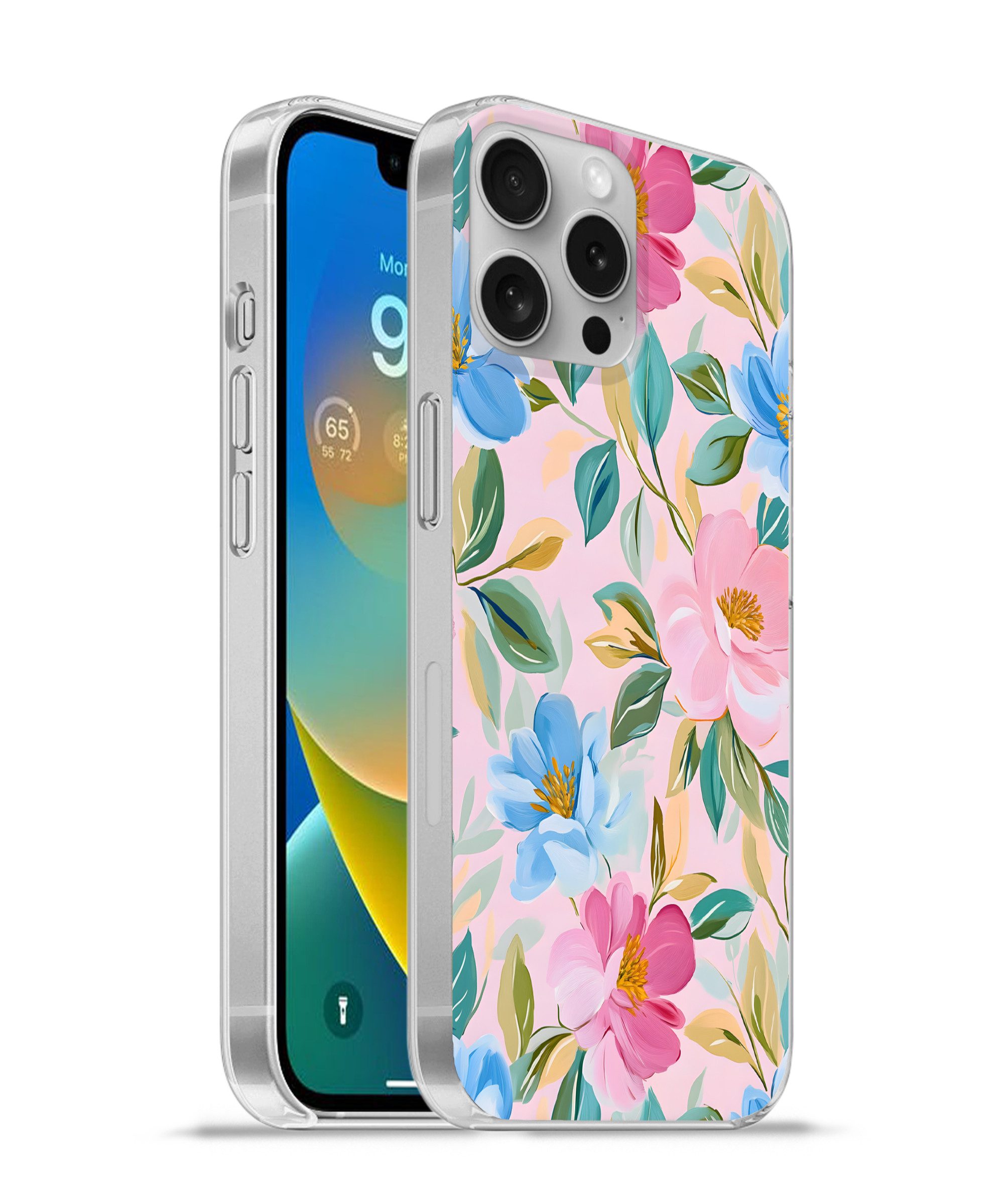 MuchoWow Handyhülle für Apple iPhone 16 Pro Max Blau - Rosa - Blumen, Smartphone-Bumper, Print, Handy Schutzhülle Dünn