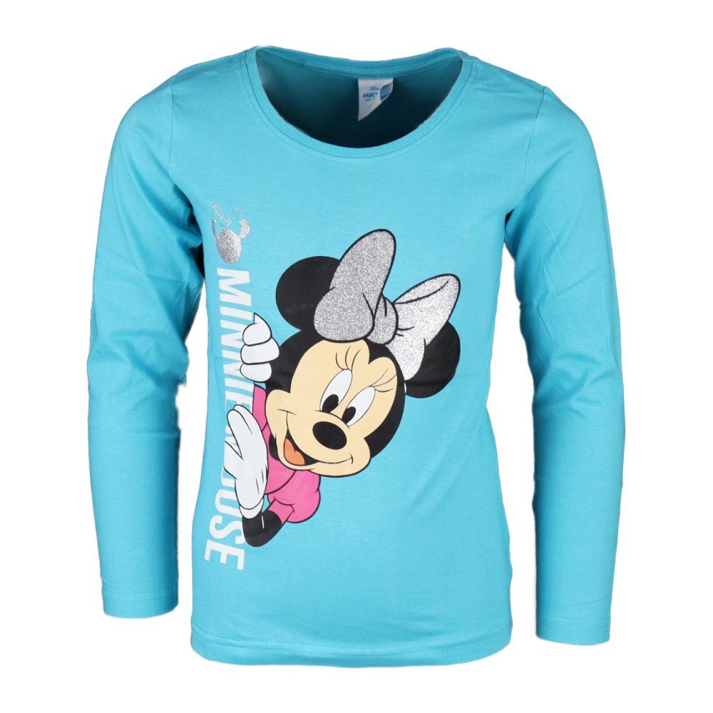 Disney Minnie Mouse Langarmshirt Minnie Maus Kinder Mädchen Shirt Gr. 104-134, 100% Baumwolle Hellblau | Rundhalsshirts