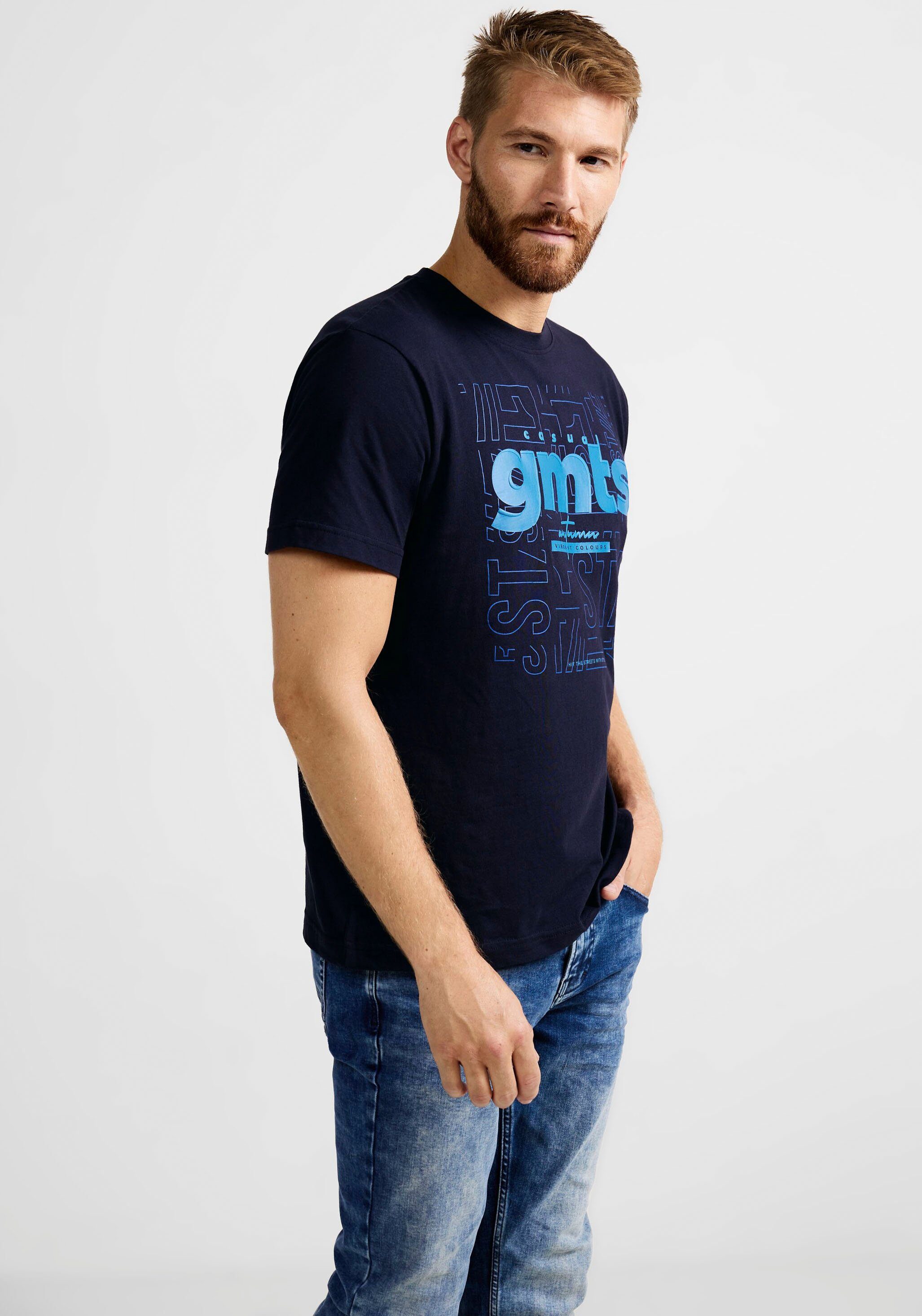 STREET ONE MEN T-Shirt mit Schriftzug vorne nightshadow blue