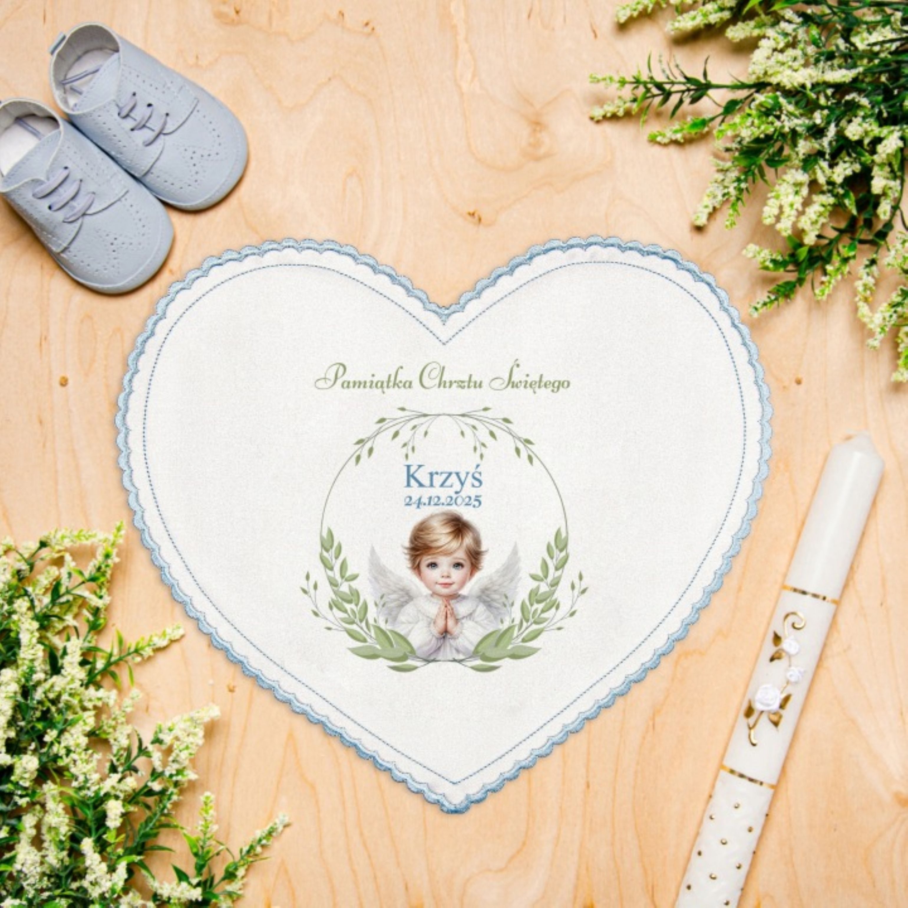 Festivalartikel Taufkleid Personalisiertes Tauftuch Herz Blau mit Name & Datum Junge (1-tlg)