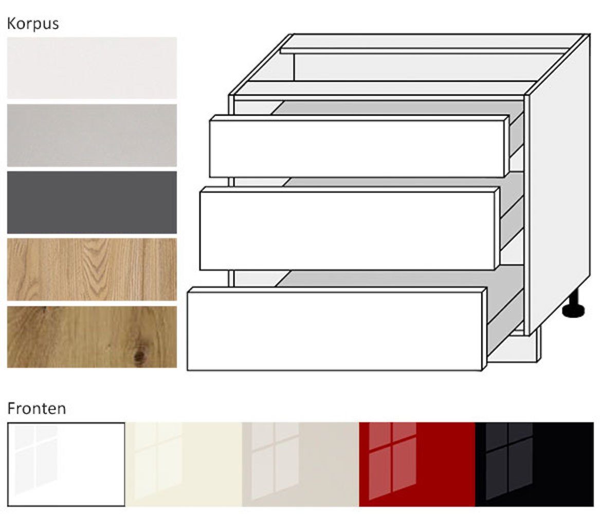 Feldmann-Wohnen Unterschrank Platinium (Platinium) 90cm Front- & Korpusfarbe wählbar 3 Schubladen (Vollauszug) schwarz Hochglanz