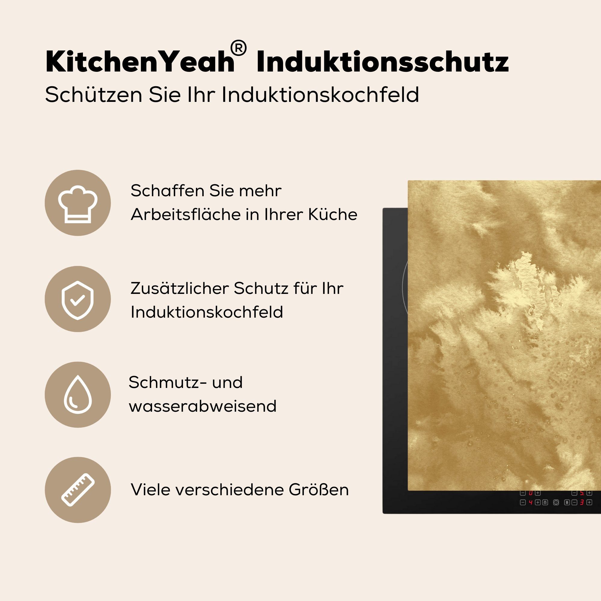 die Schutz küche, MuchoWow Abstrakt, Induktionskochfeld - Herdblende-/Abdeckplatte für - (1 Gold tlg), 81x52 Farbe Ceranfeldabdeckung Vinyl, cm,