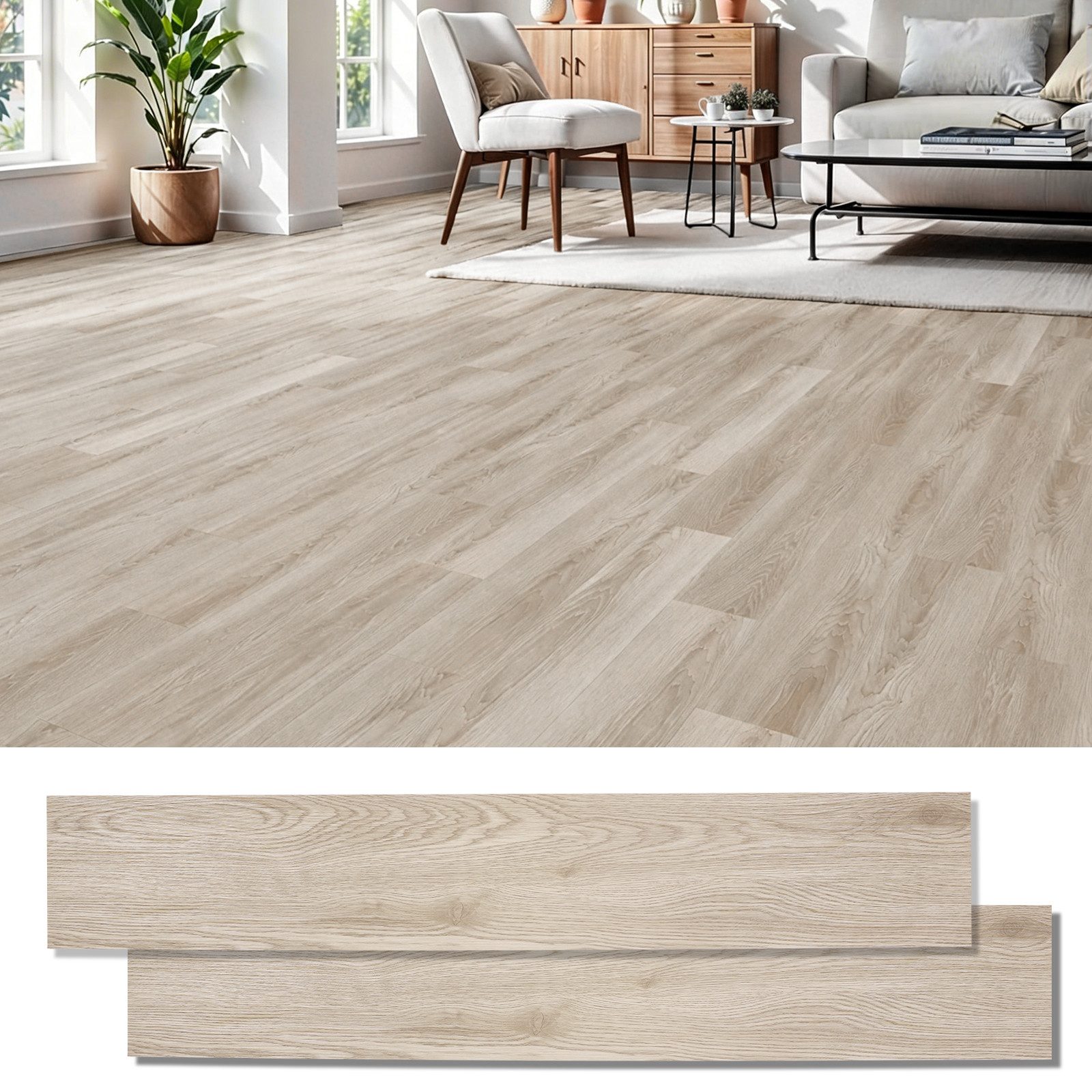 LEMLIT Vinylboden PVC Vinylboden Selbstklebend 36 Stück, 5 m² Bodenbelag In Eiche Weiß, 36er Set, Maße je Diele: 91,4 x 15,24 cm, Klebefliesen Für Wohnzimmer Und Küche, Wasserfest, Verschleißfest