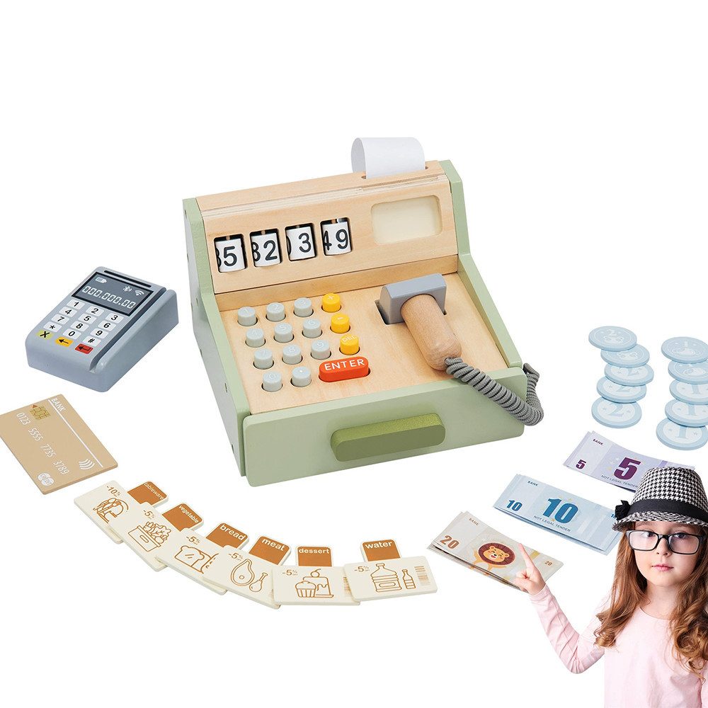 CLTYQ Spielkasse Holz Kasse Kinder, Holz Spielkasse Kinderkasse mit Scanner günstig online kaufen
