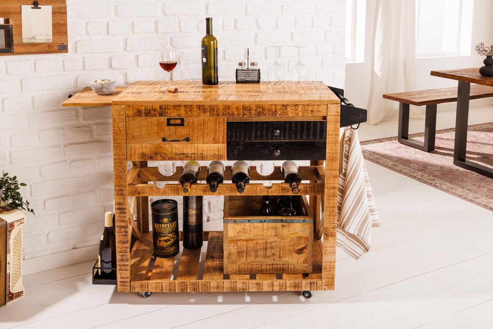 riess-ambiente Barschrank BODEGA 86cm natur/schwarz - Mango, Servierwagen, Weinregal, Stauraum (Einzelartikel, 1-St) Beistellwagen aus Massivholz - ideal für Küche, Esszimmer oder Hausbar