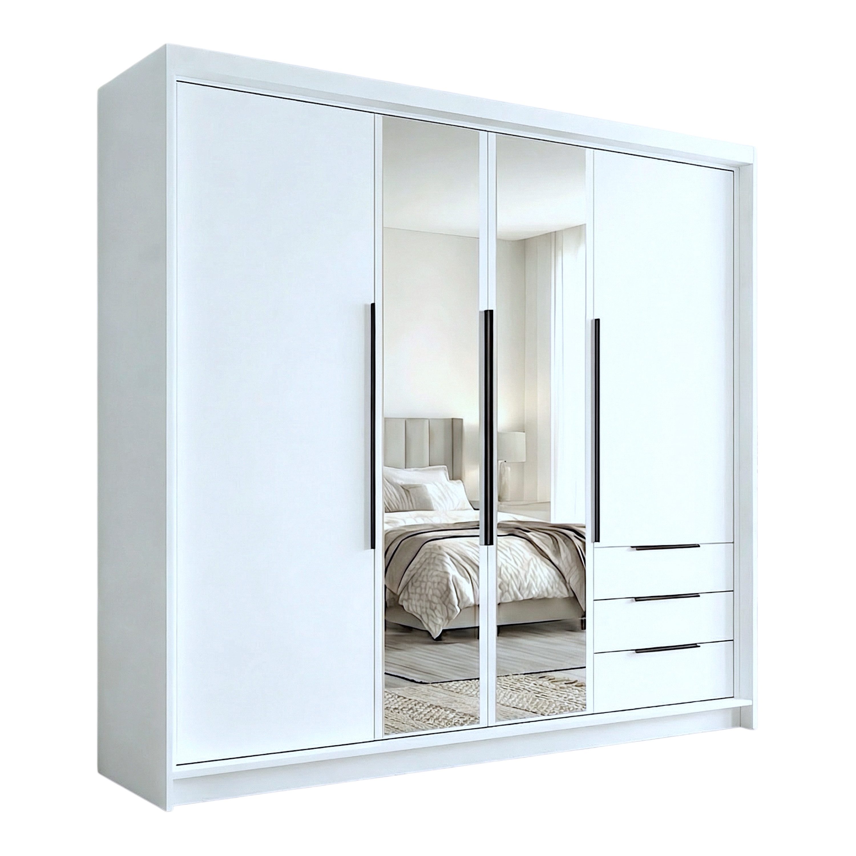 A&J MöbelLand GmbH Drehtürenschrank viertüriger Kleiderschrank mit Schubladen und Metallgriffen. (Geräumiger vier¬türiger Kleiderschrank mit Schubladen und Metallgriffen. Geräumiger Schrank mit einer Breite von 200 cm und Schubladen, ideal zur Aufbewahrun