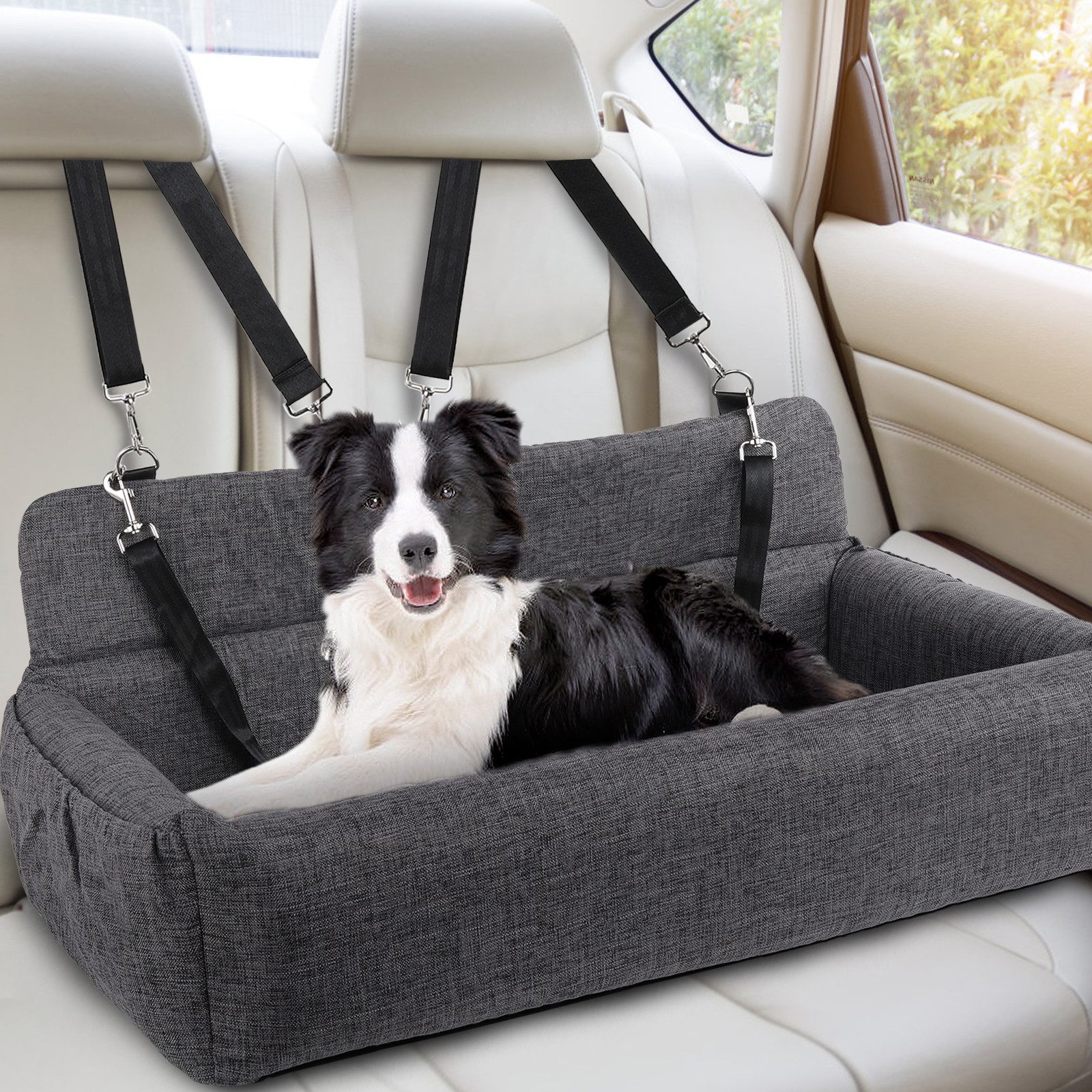 CALIYO Hunde-Autositz Hundeautositz für große/mittlere Hunde, Hochdichter und elastischer Schwamm, Imitat-Leinenstoff, Vollständig Abnehmbarer & waschbarer Hundereisesitz mit dickem Kissen