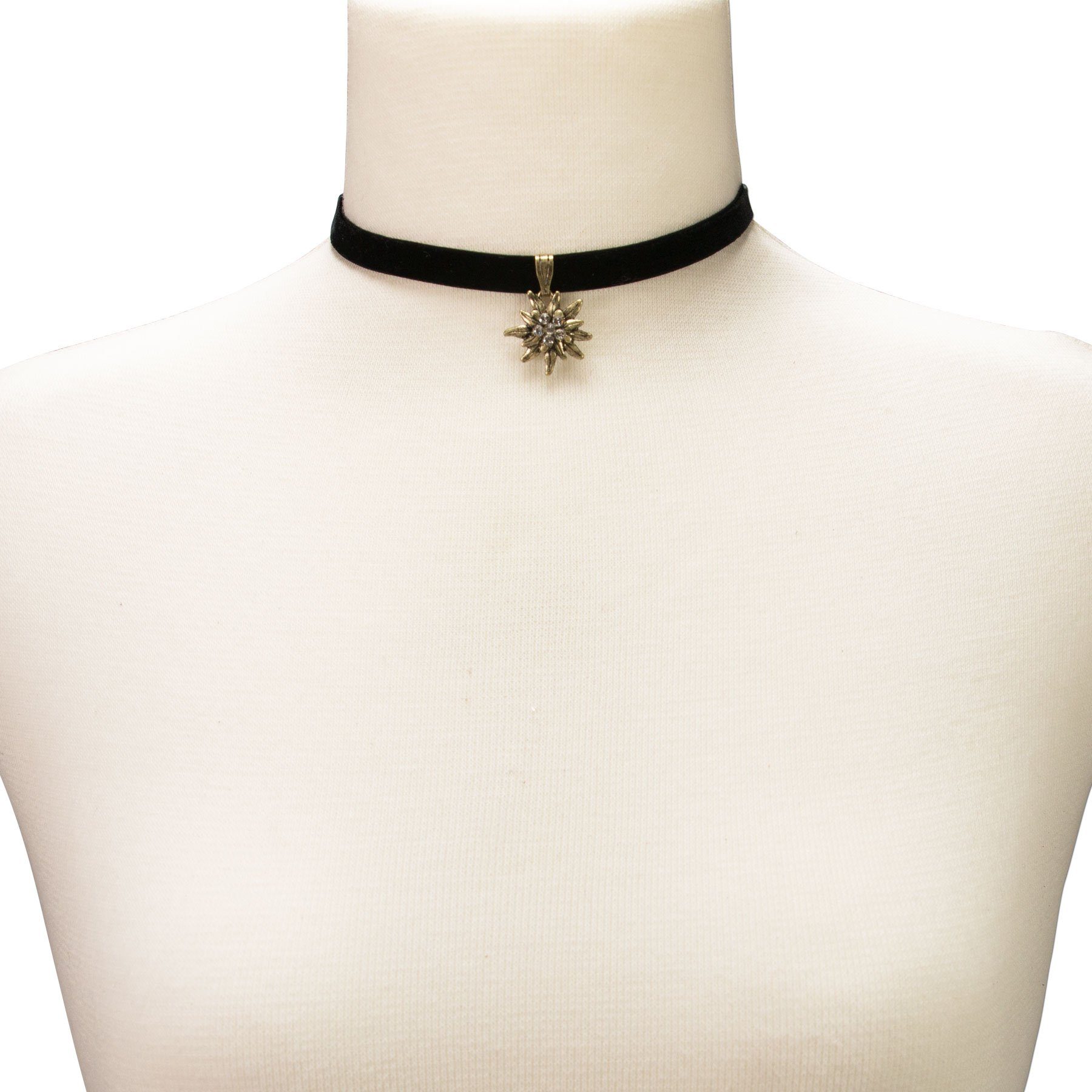 Alpenflüstern Choker Trachten-Samt-Kropfband Strass-Edelweiß klein antik-gold-farben (schwarz), - Trachtenkette enganliegend, Kropfkette elastisch, Damen-Tracht – Bild 4 von 4
