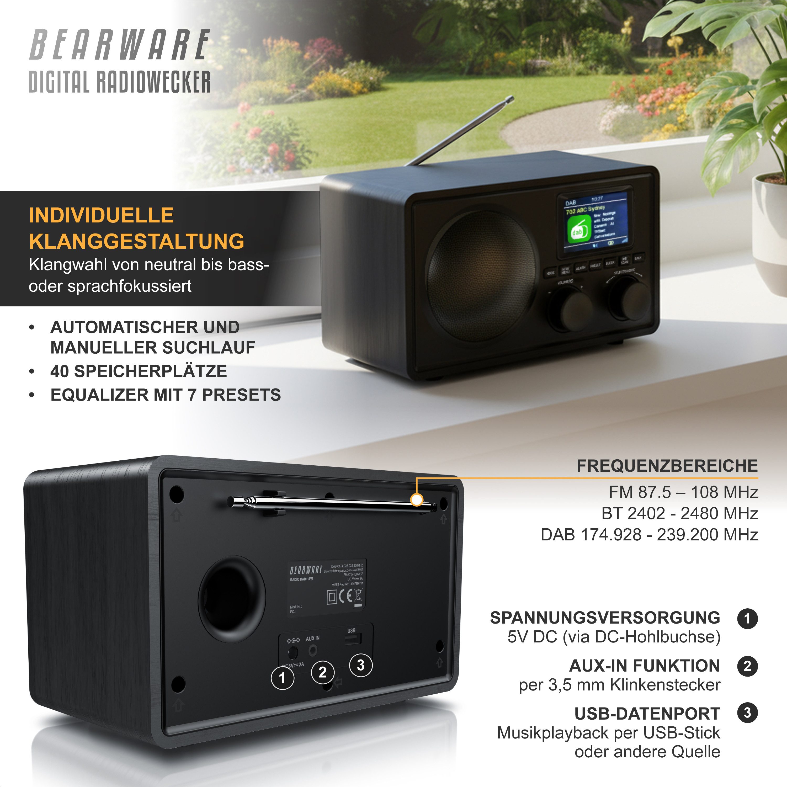BEARWARE Radio mit TFT Display, Küchenradio digital, UKW FM, Wecker, Bluetooth Digitalradio (DAB) (Digitalradio (DAB), UKW (FM), Automatischer & manueller Suchlauf, Equalizer, DAB, USB, AUX, 2 Alarme)
