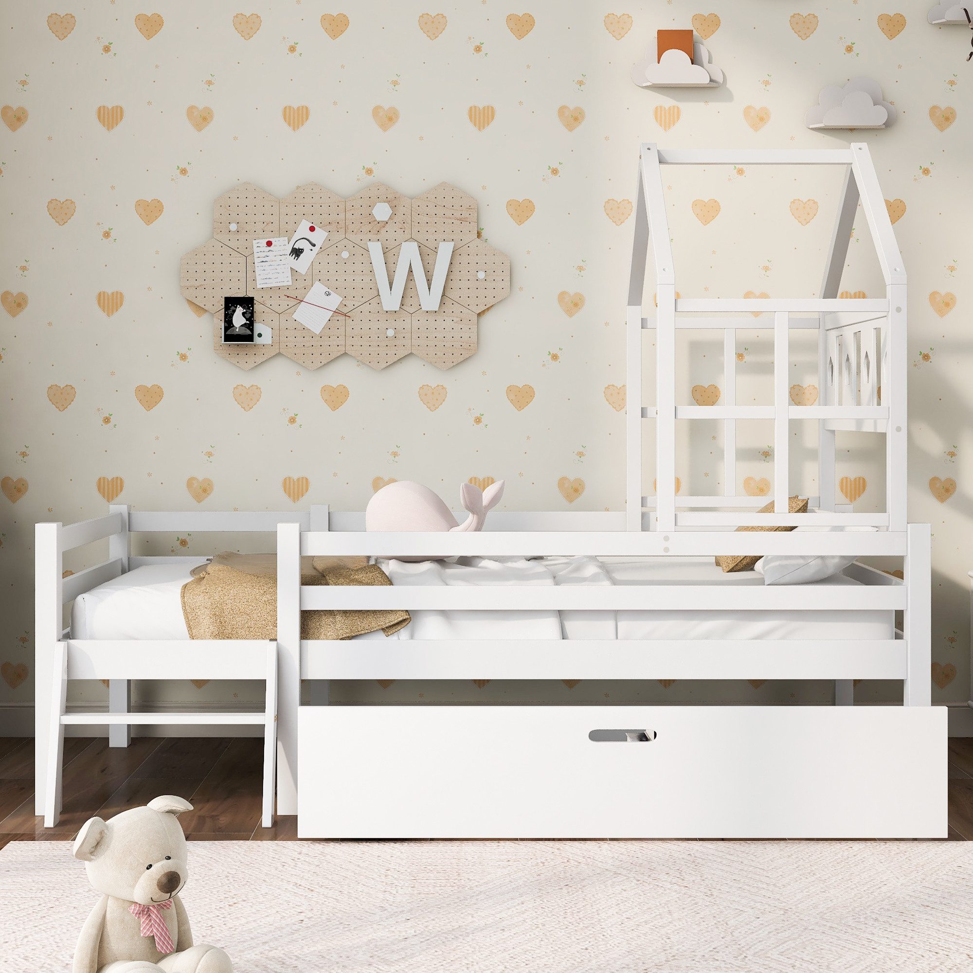 Merax Massivholzbett, Kinderbett in Spielturm-Form, Hausbett 90x200cm