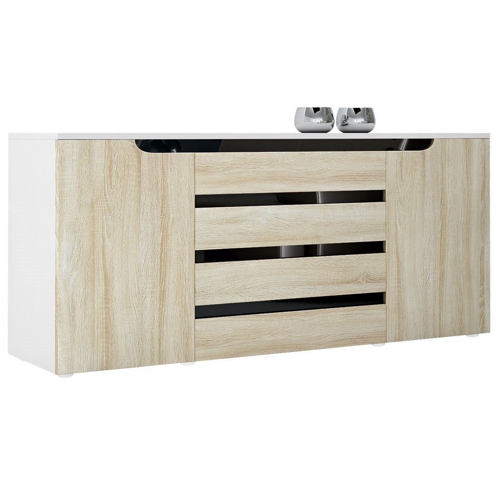 Vladon Sideboard Sintra V2 (Kommode, mit 2 Türen und 4 Schubladen), Weiß matt/Eiche sägerau/Schwarz Hochglanz (166 x 72 x 35)