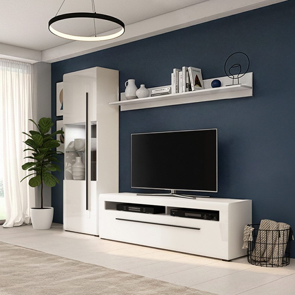 Lomadox Wohnwand TURDA-83, (3-St., Couchtisch Highboard Lowboard Sideboard Vitrine Wandregal), weiß Hochglanz Metallgriffe schwarz modern LED Beleuchtung