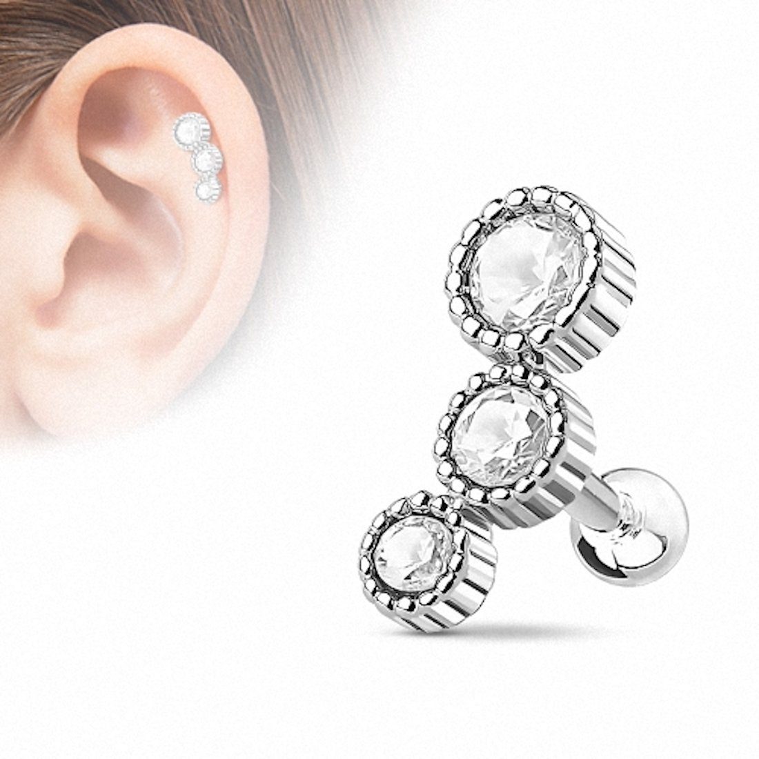 Taffstyle Piercing-Set Tragus Piercing mit 3 Kristallen Strass Steinen, Helixpiercing Helix Ohr Cartilage Knorpel Stecker 3 Kristallen Strass