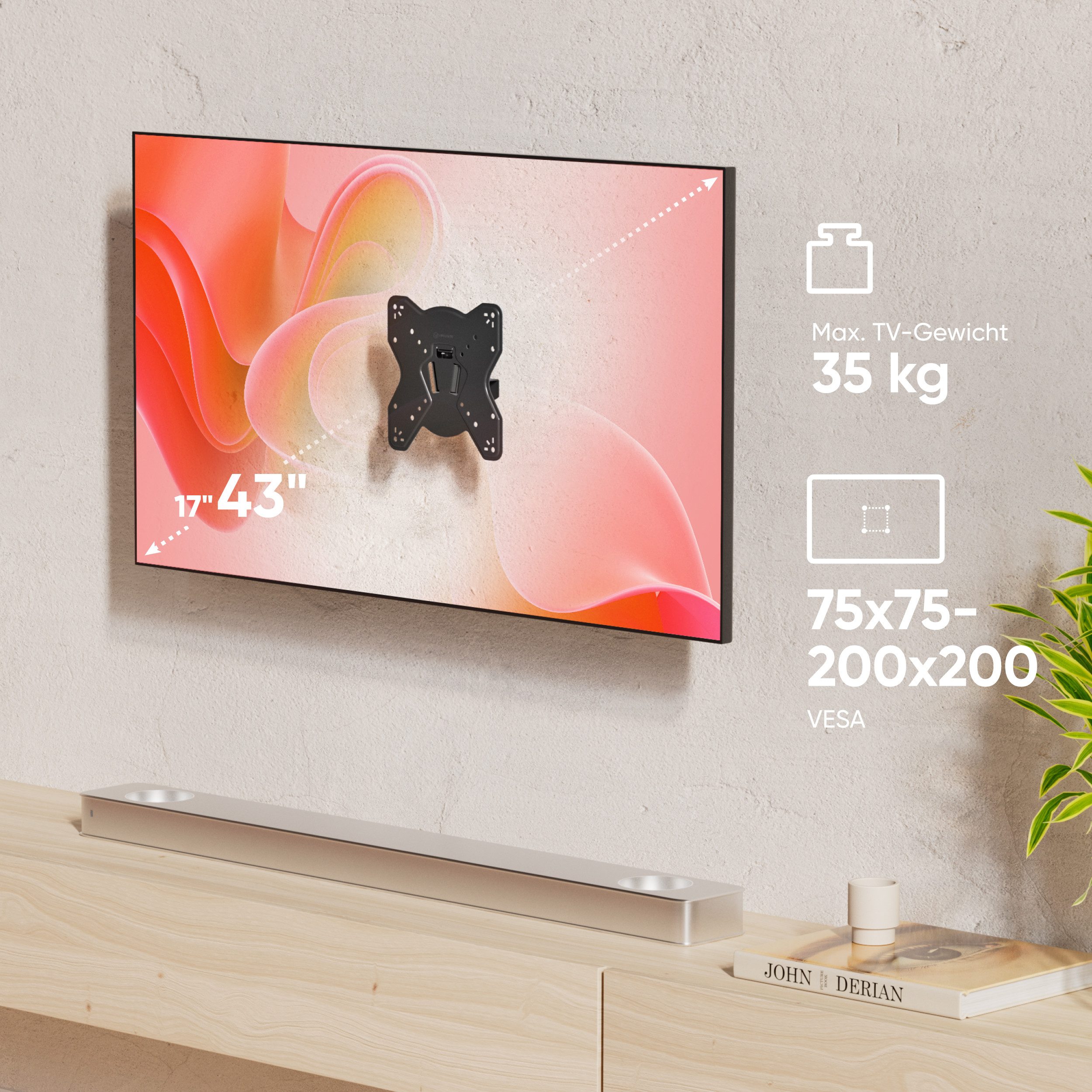 ONKRON TV-Wandhalterung 17-43 Zoll, bis 35 kg, VESA 75x75-200x200, NP23-B, (bis 43,00 Zoll, schwenkbar, neigbar, kompakt) – Bild 3 von 5