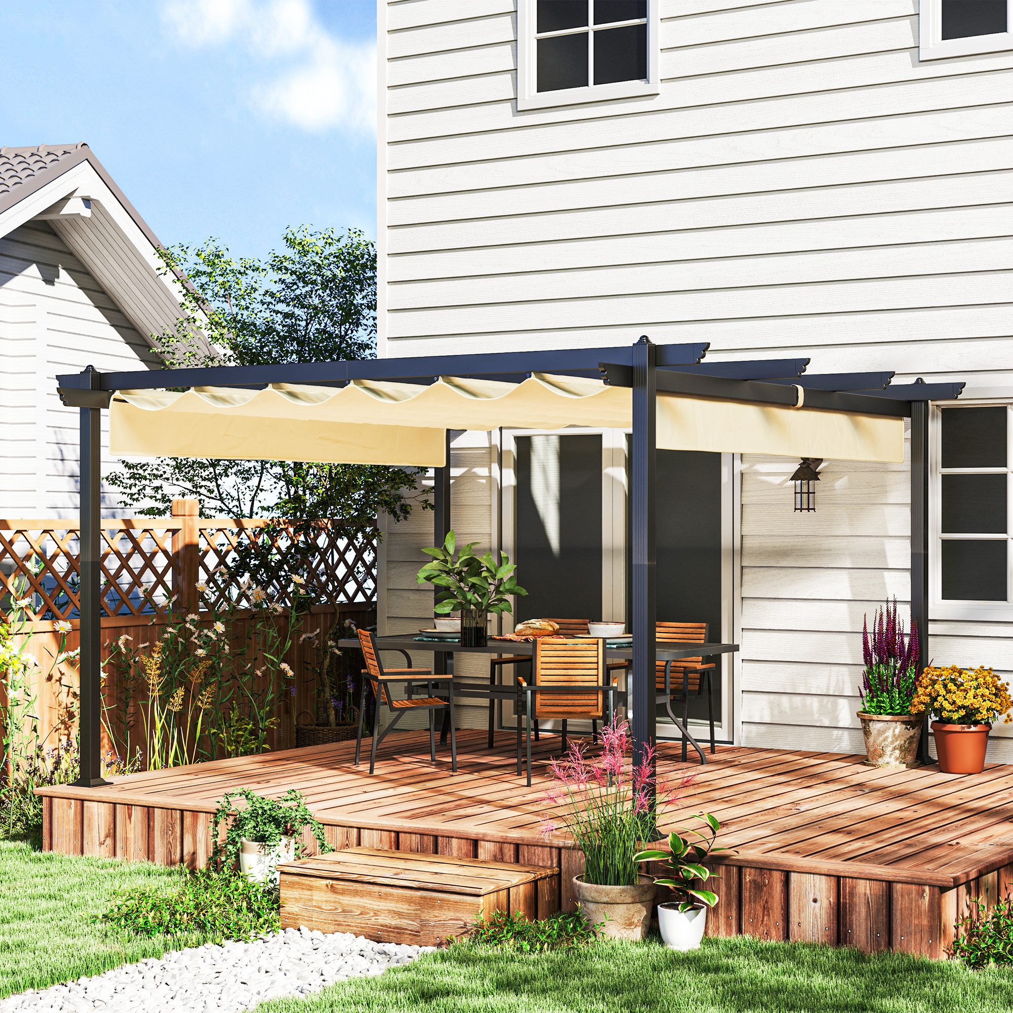 Outsunny Pergola ca. 4x4m aus Aluminium, mit verstellbares Dach, Freistehend, (Garten Pavillon, 1-tlg., Terrassendachung), UV Schutz 30+, für Terrasse und Garten, Beige