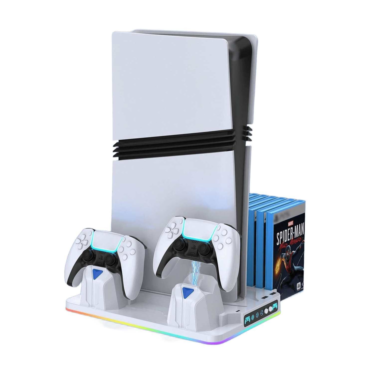 BBG PS5-Kühlständer für PS5, PS5 Slim & PS5 Pro, Digital und Disc-Edition Ladestation (Ladestation mit 2 Controller-Ladeplätze, 8 RGB-Modi, Aufbewahrung für bis zu 14 PS5-Spielehüllen, USB & USB-C)