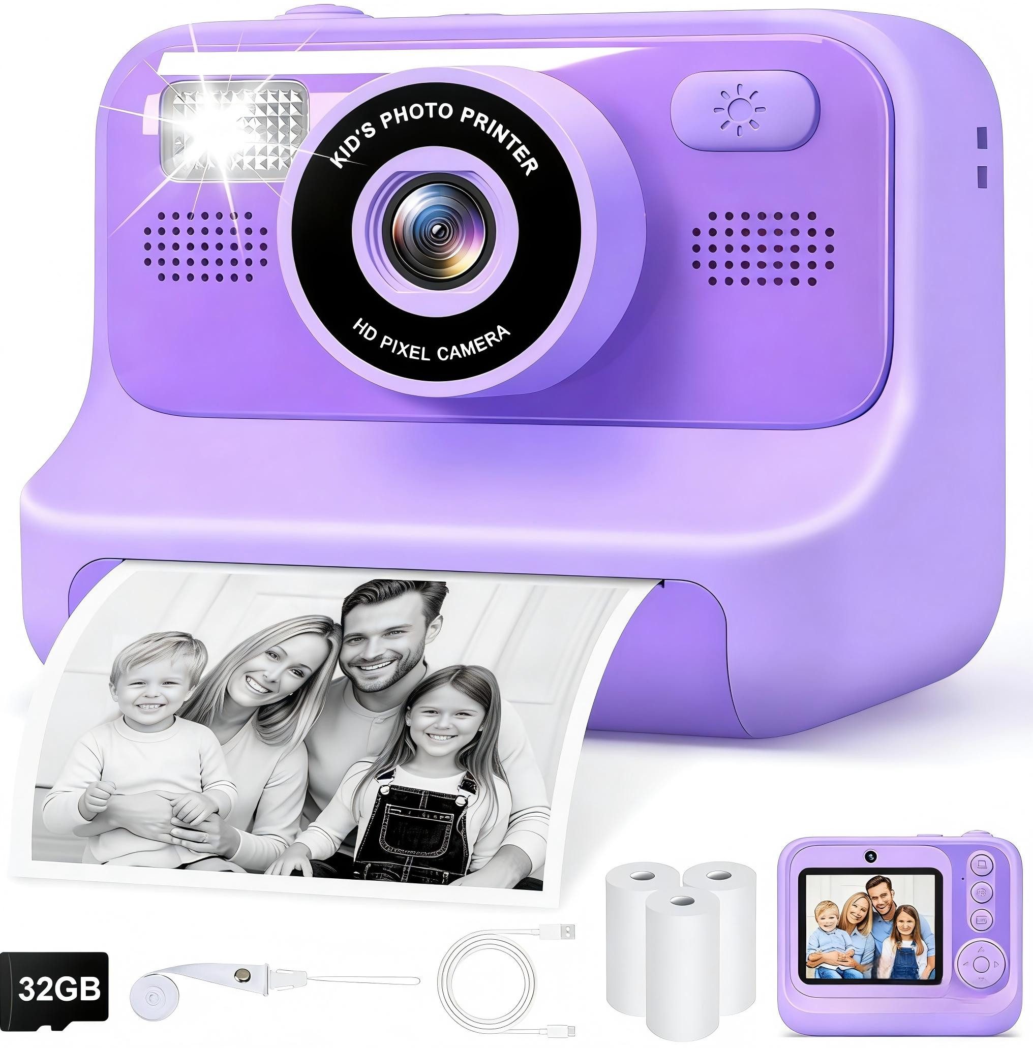 POPOLIC Sofortbildkamera mit Sofortdruck - 2,4'' Selfie-Kinderkamera Kinderkamera (inkl. mit 32GB Karte, 3 Rollen Druckpapier - 1080P Digitalkamera für Kinder, Spielzeug-Geschenk für Mädchen und Jungen von 3-12 Jahren (Lila)