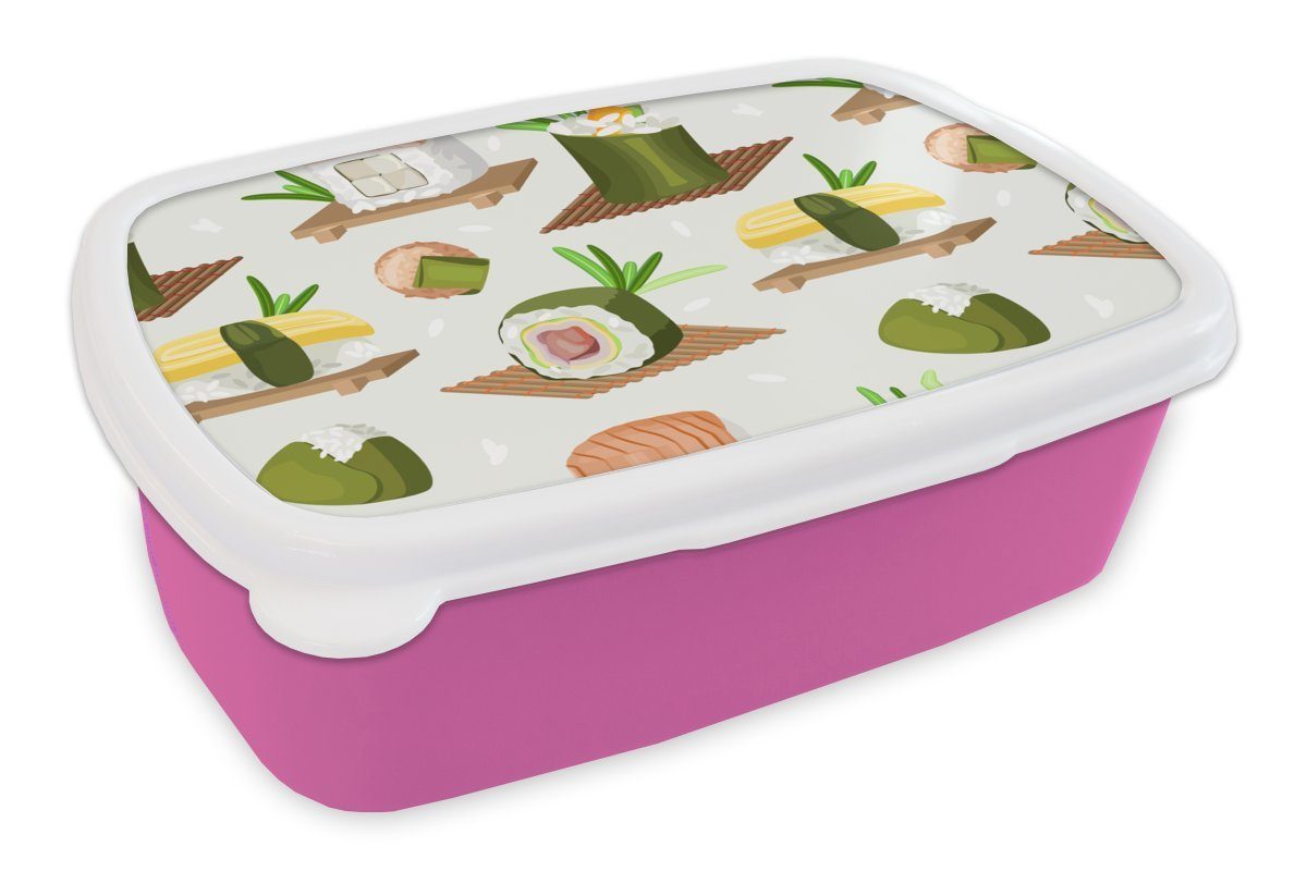 MuchoWow Lunchbox Sushi - Muster - Lebensmittel, Kunststoff, (2-tlg), Brotbox für Erwachsene, Brotdose Kinder, Snackbox, Mädchen, Kunststoff rosa