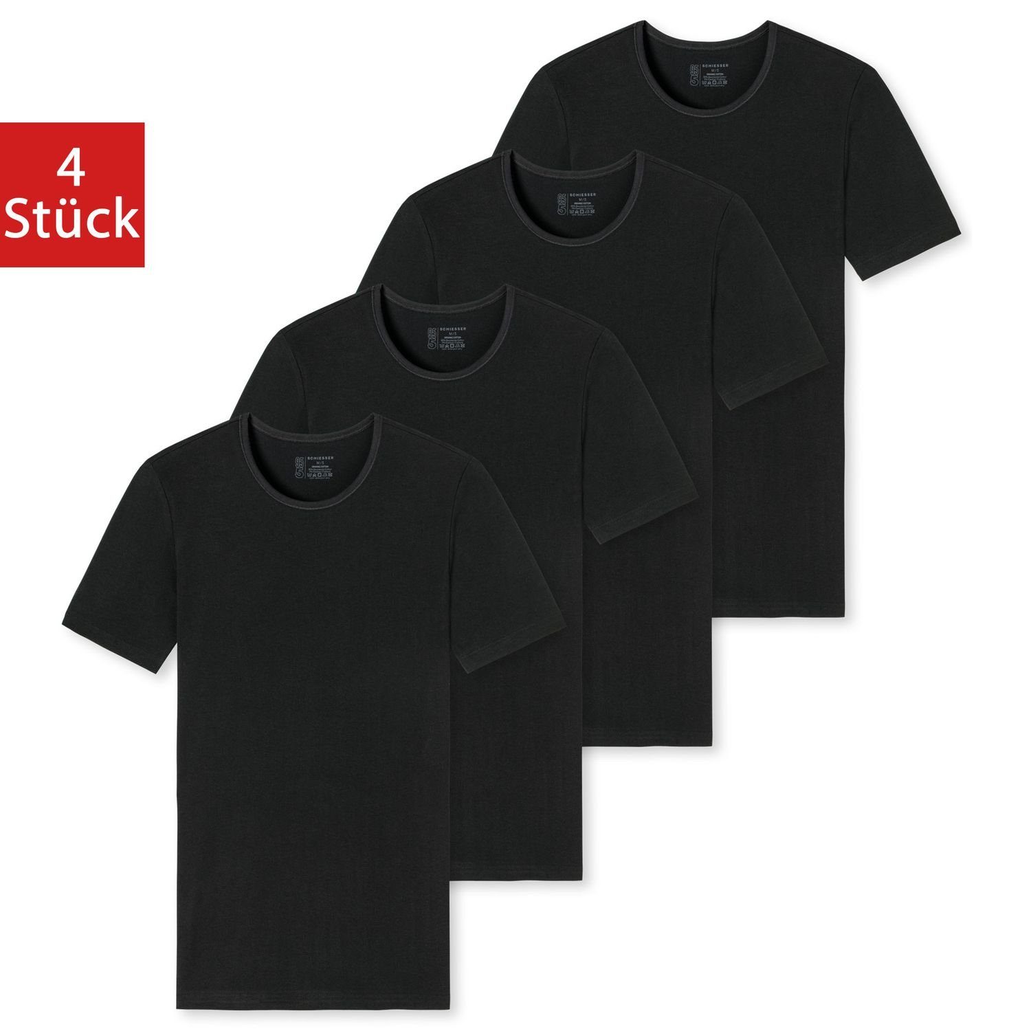 4er Rundhalsausschnitt, Schiesser 95/5 Organic (4-tlg) kurzarm, Cotton Pack T-Shirt im Schwarz