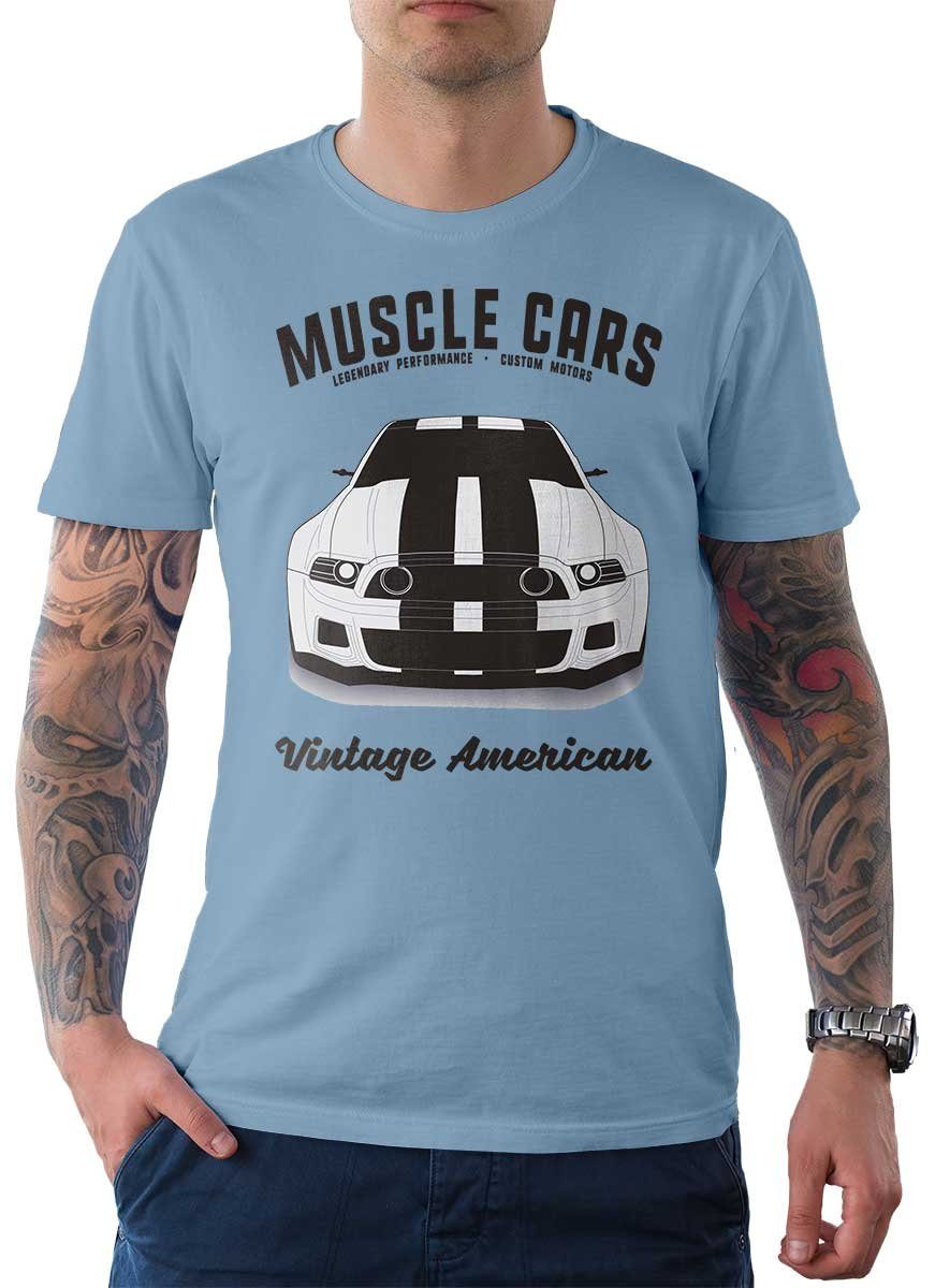 Rebel On Wheels T-Shirt Herren T-Shirt Tee Muscle Car Front mit Auto / US-Car Motiv Hellblau