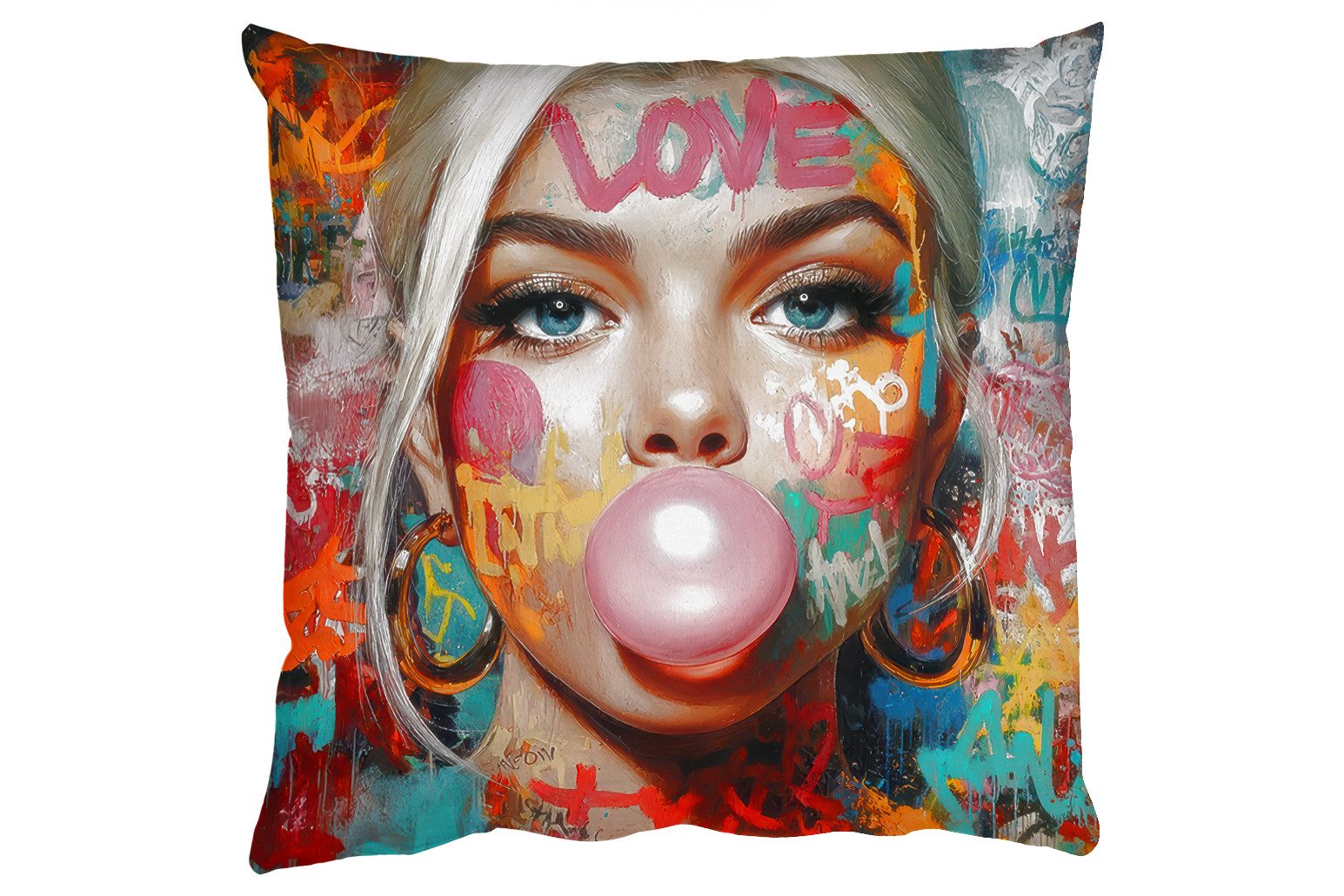 MuchoWow Dekokissen Frau - Kaugummi - Graffiti - Liebe, Zierkissen, Deko Kissen mit Füllung, Sofakissen, 60x60 cm