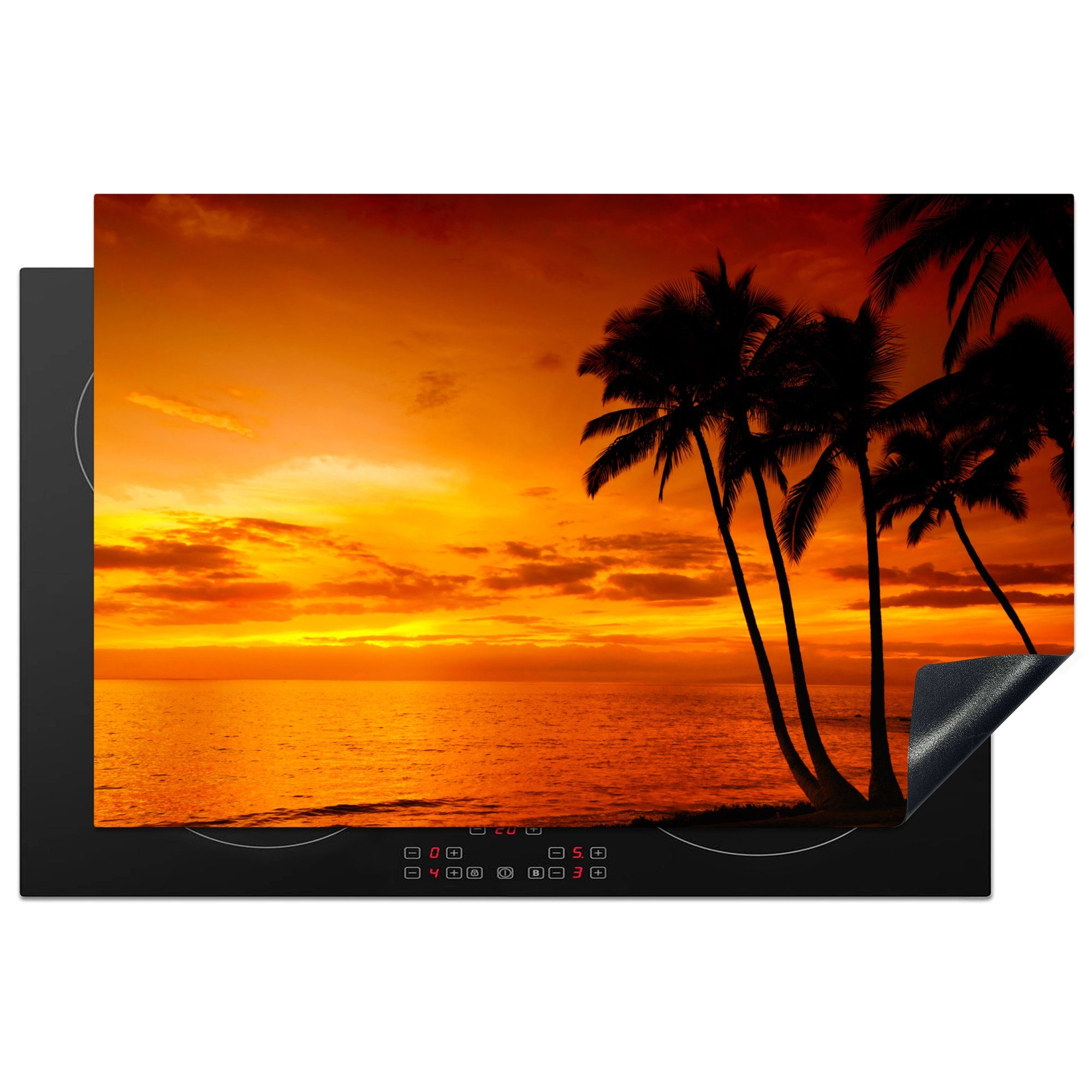 MuchoWow Herdblende-/Abdeckplatte Palme - Sonnenuntergang - Tropisch - Orange - Meer, Vinyl, (1 tlg), 81x52 cm, Induktionskochfeld Schutz für die küche, Ceranfeldabdeckung