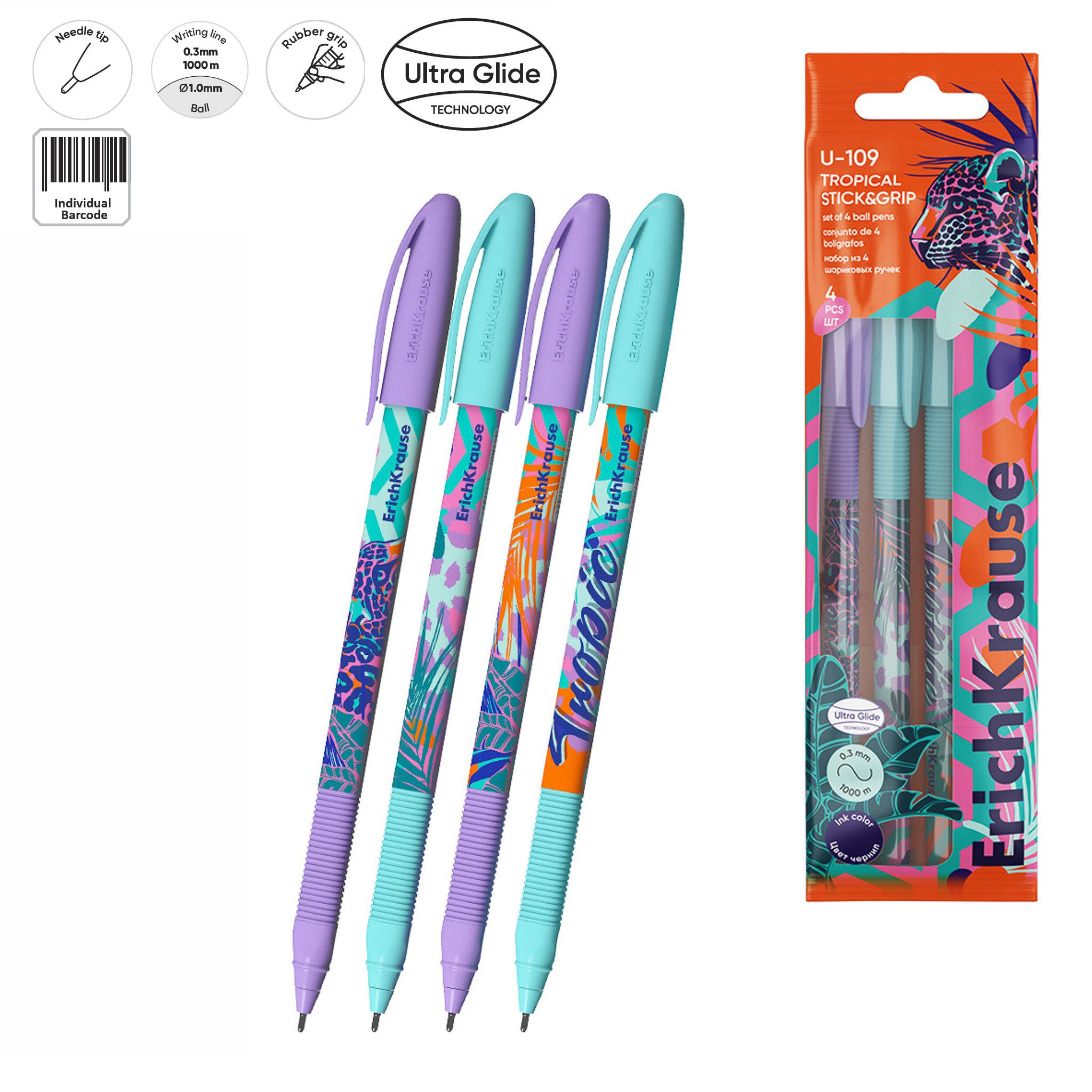 Erich Krause Kugelschreiber, Kugelschreiber U-109 Tropical Motiv 1,0mm 4er Set Blau