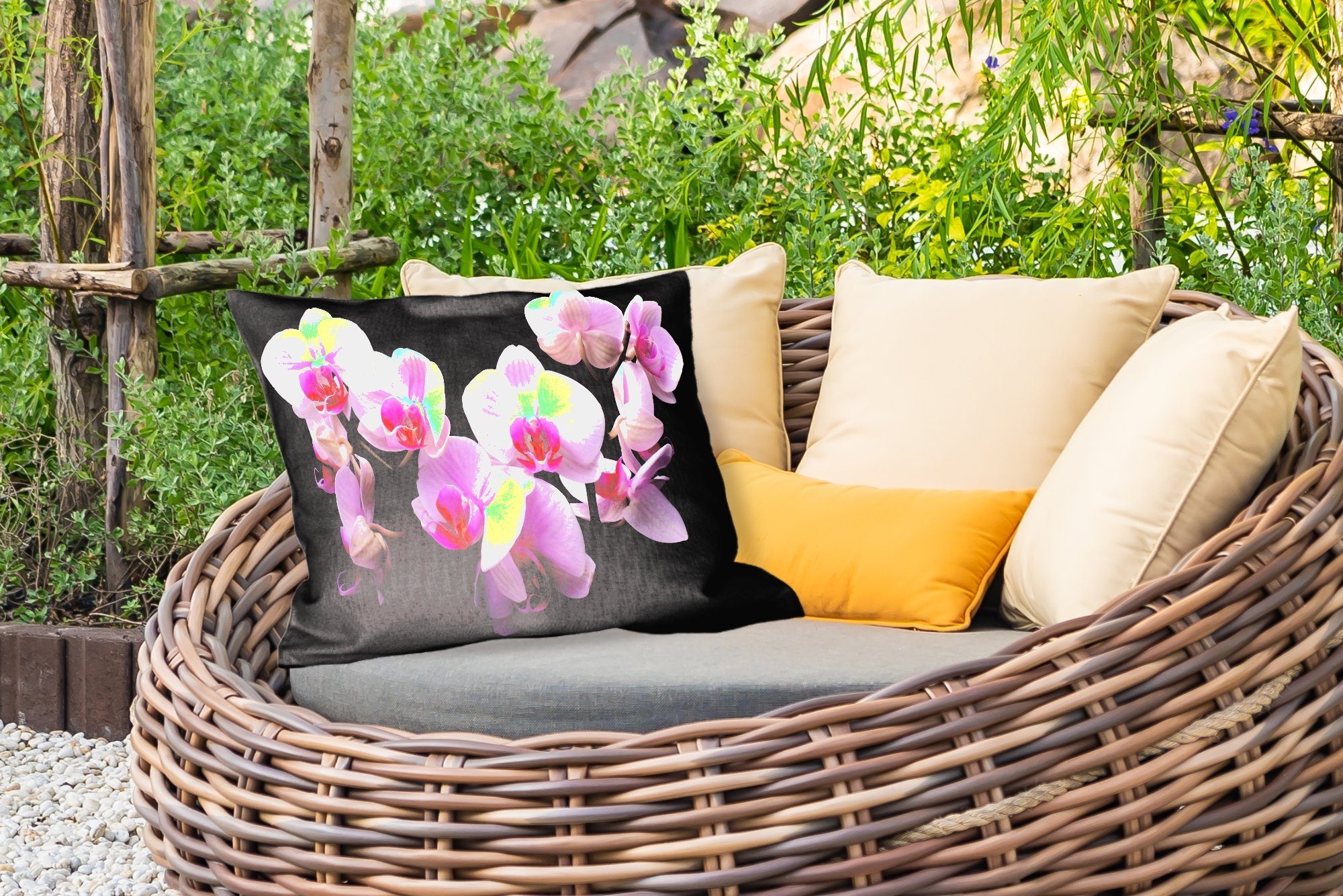 MuchoWow Dekokissen Outdoor-Dekorationskissen, - Kissenhülle Orchidee - Polyester, Flora, Rosa Dekokissenbezug, Blumen 