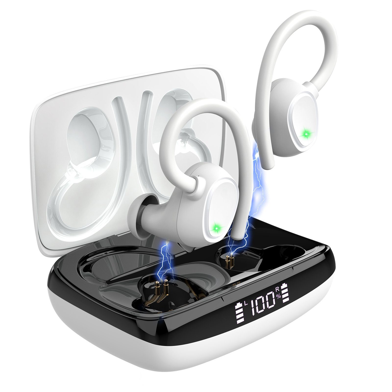 Yuede Bluetooth 5.3 Sportkopfhörer,IP7 Wasserdicht Earbuds In-Ear-Kopfhörer (24H Immersive Bass, mit Digital LED Display, ENC HD Anruf One Step Pairing, 13-mm-Schwingspule) Weiss