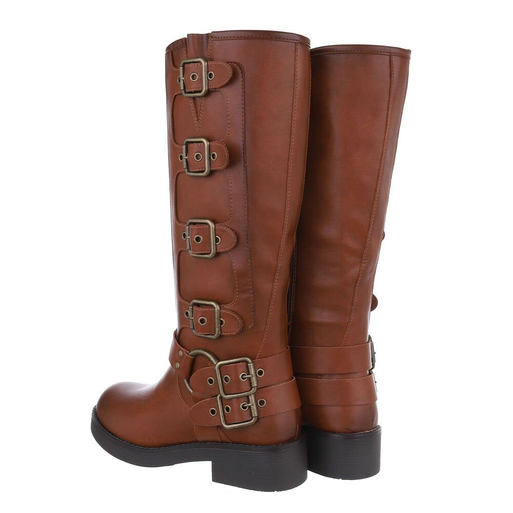 Ital-Design Damen Bikerschuhe Biker Westernstiefel (85275991) Blockabsatz Flache Stiefel in Camel
