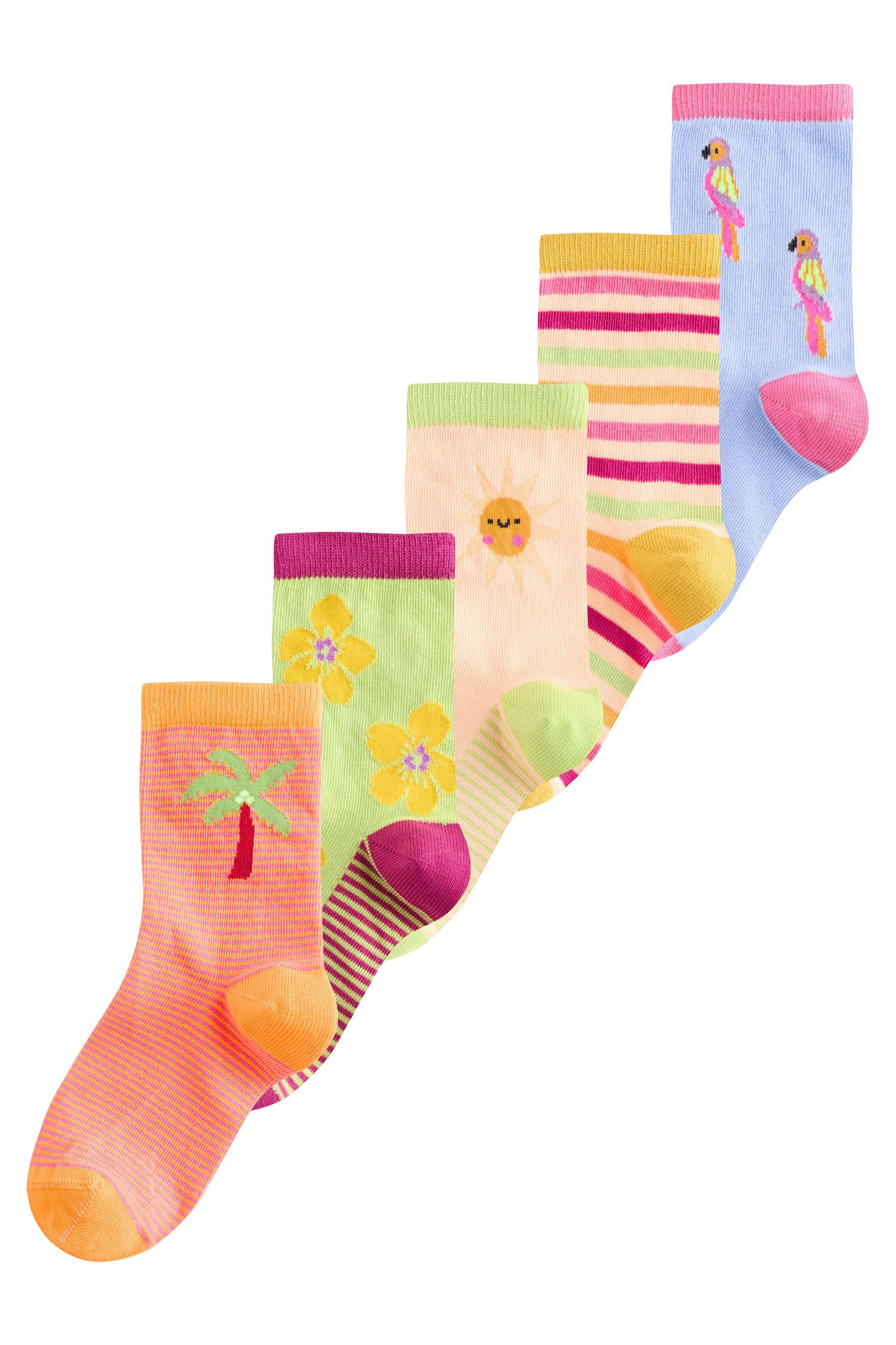 Kurzsocken 5er-Pack Knöchelhohe Socken, Papagei/Blumen