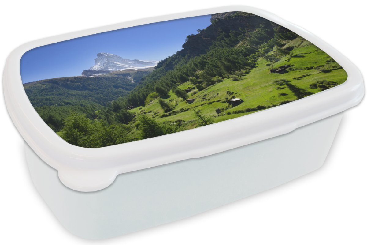 MuchoWow Lunchbox Schweizer Bäumen, Kinder für Alpen für Mädchen Matterhorn Brotbox im (2-tlg), weiß Erwachsene, grünen und mit Kunststoff, und Jungs Brotdose