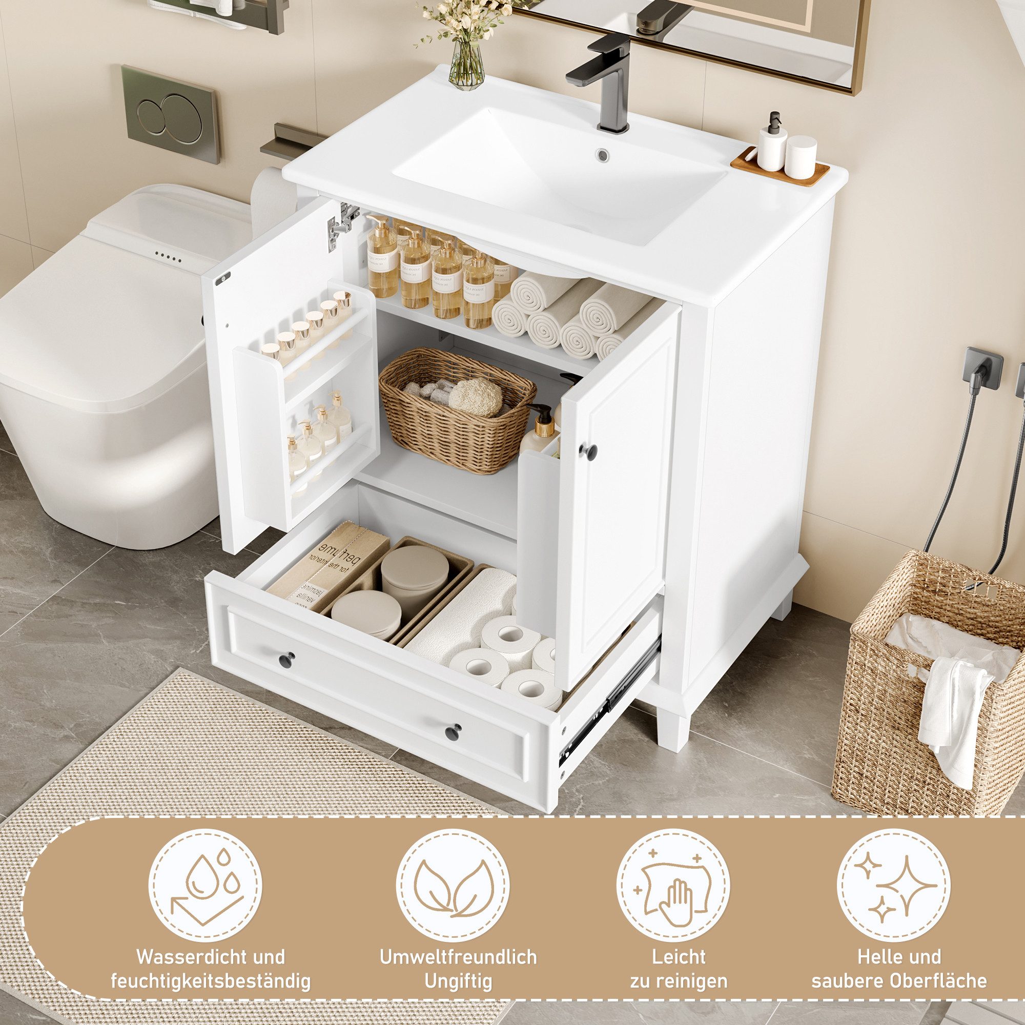 Totnz Waschtisch Badezimmerschrank, Beine aus Massivholz, MDF-Material, großer Stauraum (feuchtigkeits- und wasserdicht, integriertes Keramikwaschbecken), leicht zu reinigen,  Weiß