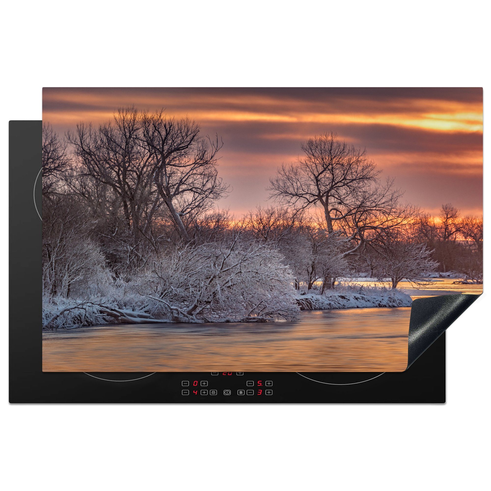 MuchoWow Herdblende-/Abdeckplatte Winterlicher Sonnenaufgang in Nebraska, Vinyl, (1 tlg), 81x52 cm, Induktionskochfeld Schutz für die küche, Ceranfeldabdeckung