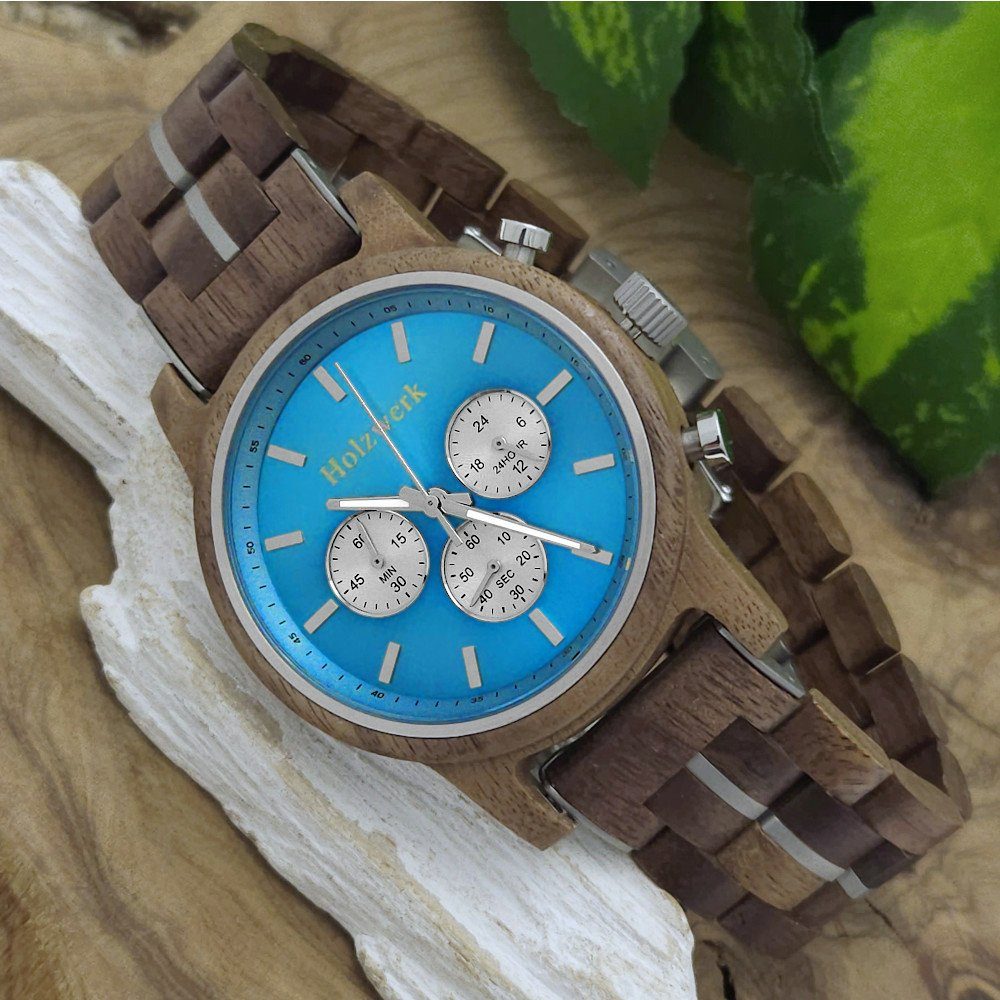 Holzwerk Chronograph Herren Designer Holz Armband Uhr, Zifferblatt Hellblau, (inklusive Armbandkürzer), Holz Unikate, ideal auch als Geschenk, Hochwertiges Quarzwerk