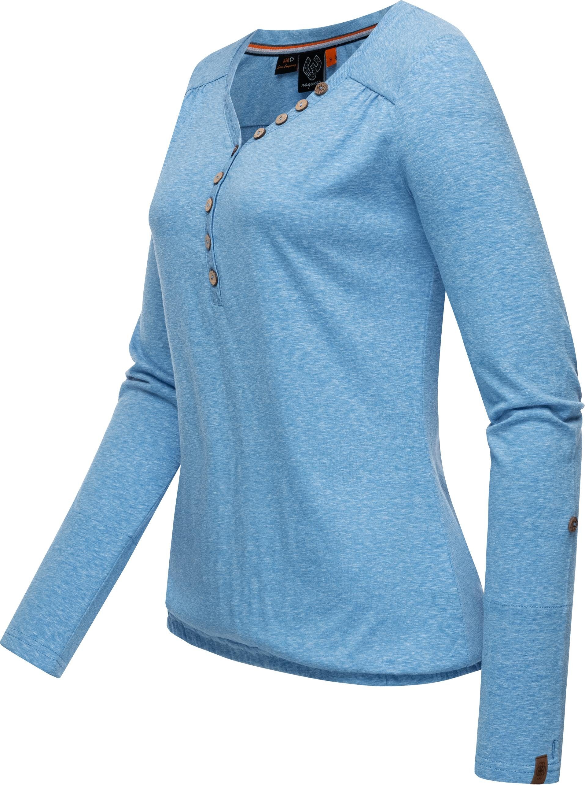Pinchi Damen blau Langarmshirt Knöpfen Melange Stylisches Longsleeve mit Ragwear