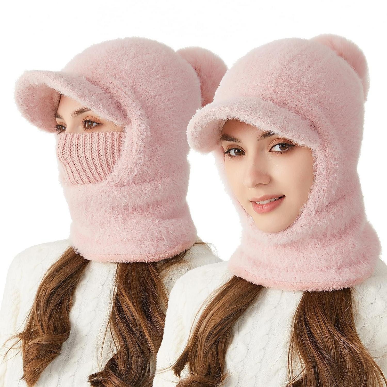 Sturmhaube Strickmütze Damen Mädchen Sturmhaube Fleece Rosa