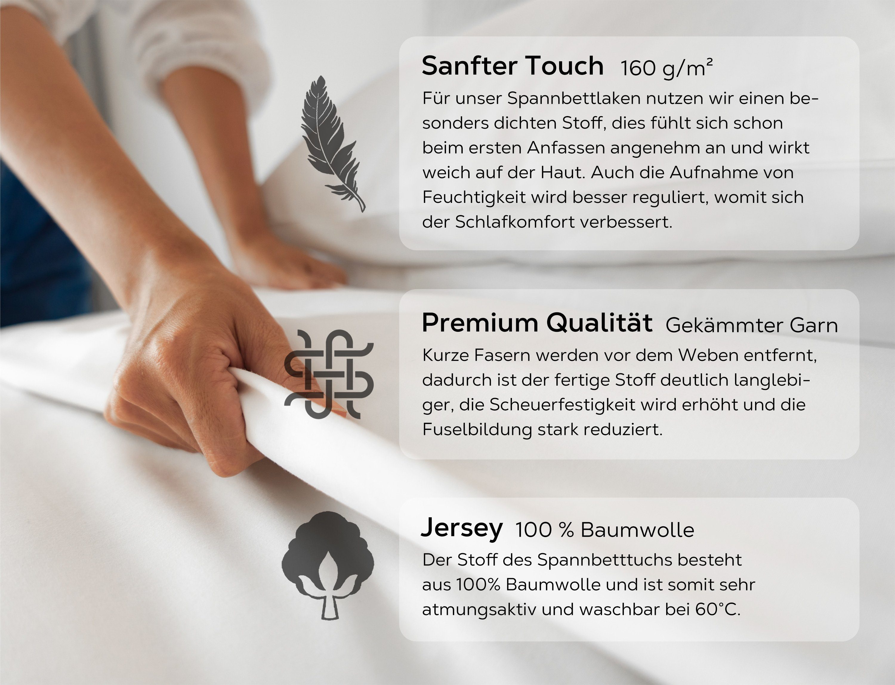 Beautex Spannbettlaken Spannbetttuch Jersey Baumwolle Premium, Jersey, Gummizug: rundum, (1 Stück), atmungsaktiv, hautfreundlich, perfekte Passform, formstabil, – Bild 3 von 5