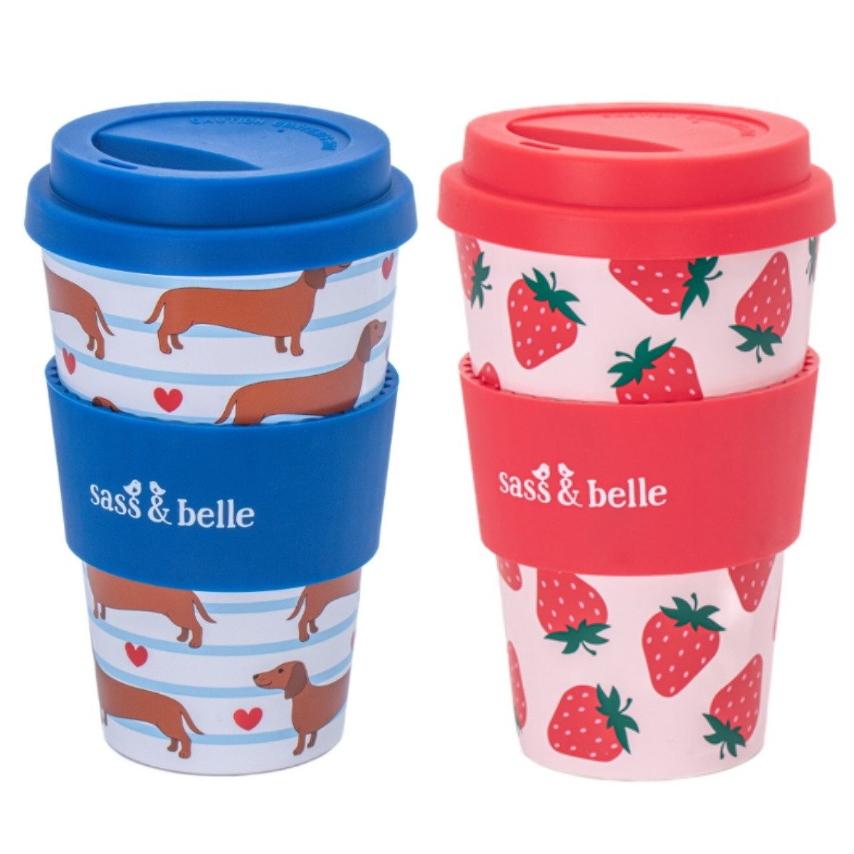 Sass & Belle Coffee-to-go-Becher Erdbeere, Dackel, rPET, mit Deckel, für 400 ml