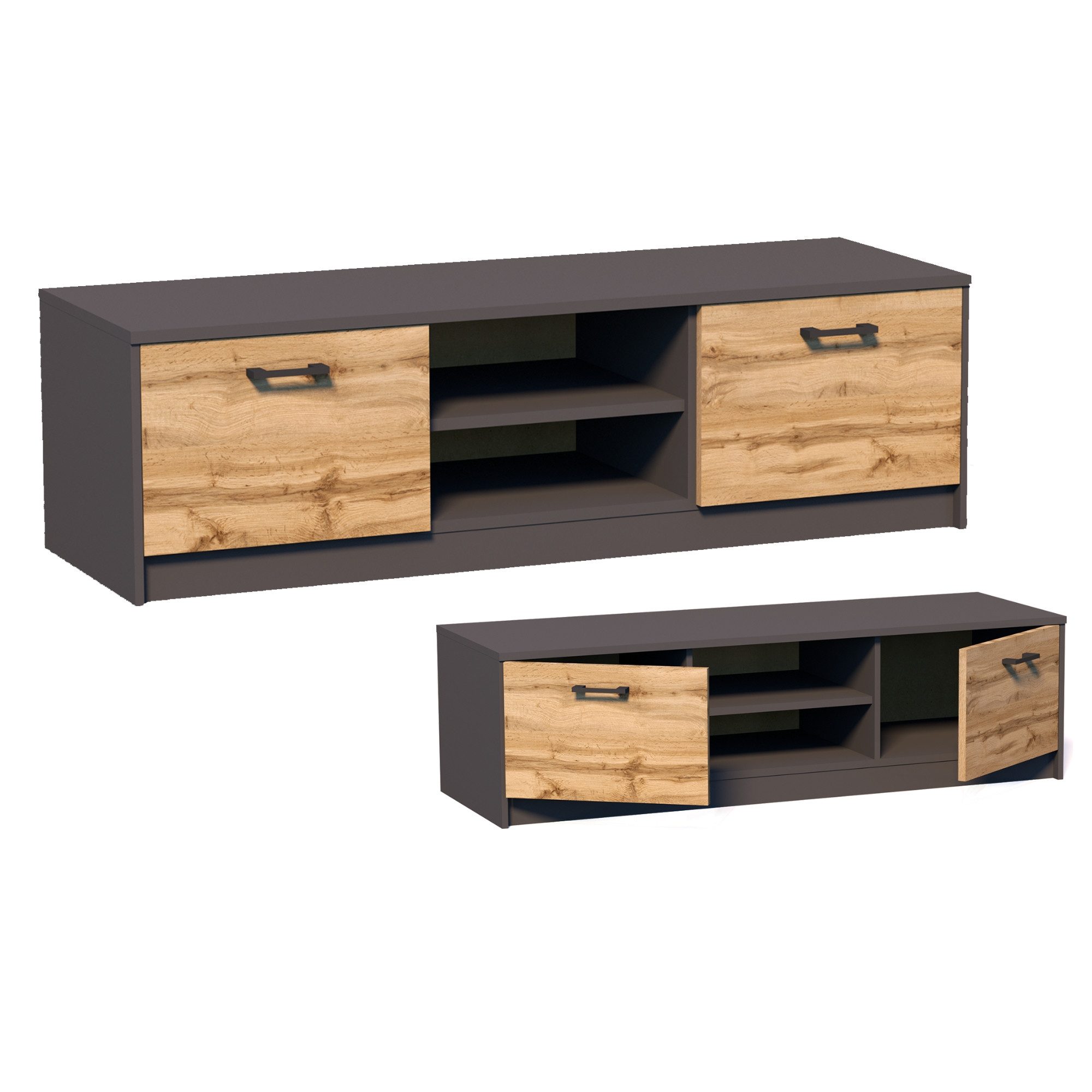 Home Collective TV-Schrank 120cm breit Lowboard mit matter Oberfläche Fernsehtisch (abgerundete Kante und Metall-Rollschienen Fernsehkommode) mit 2 Türen und 1 Regal, aus laminiertem Board graphit Eiche