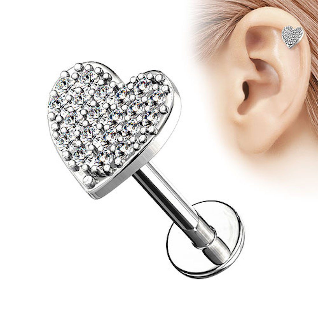 Taffstyle Piercing-Set Lippenpiercing für Silber Knorpel Helix und Ohr, Lippe Stecker Tragus Ohrpiercing Stab Piercing Labret Herz Kristall mit