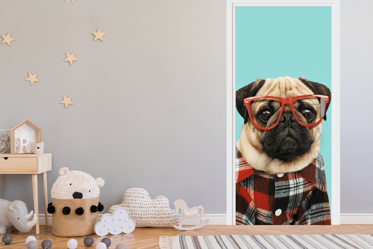 cm Hipster Fototapete Hund Türaufkleber, bedruckt, St), 75x205 Bluse, - Matt, MuchoWow für Tür, - - Brille (1 Türtapete