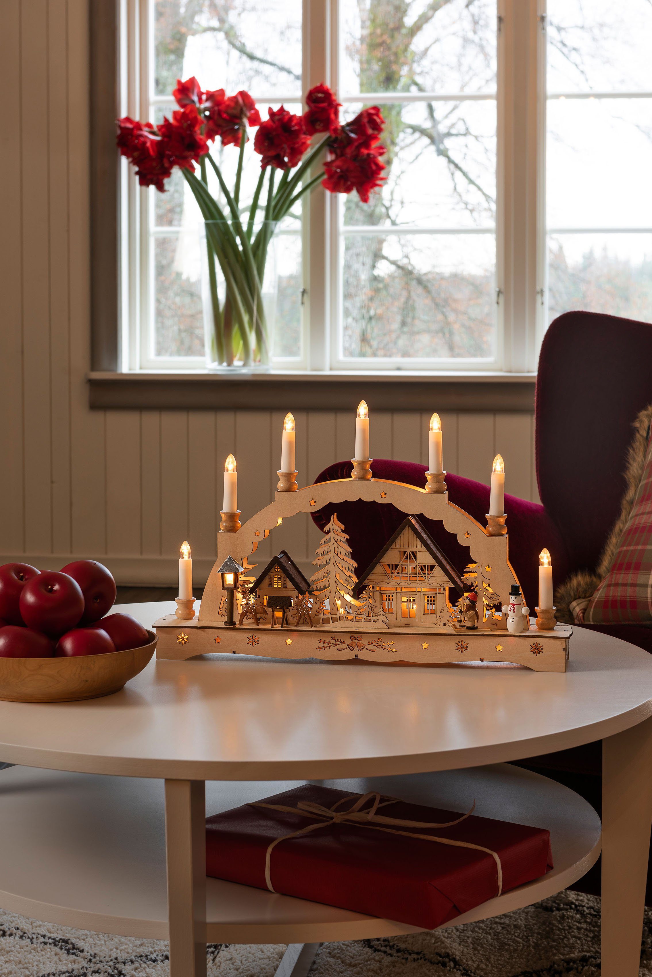 KONSTSMIDE LED Schwibbogen Weihnachtsdeko (1-tlg), "sieben Kerzen" Holzsilhouette